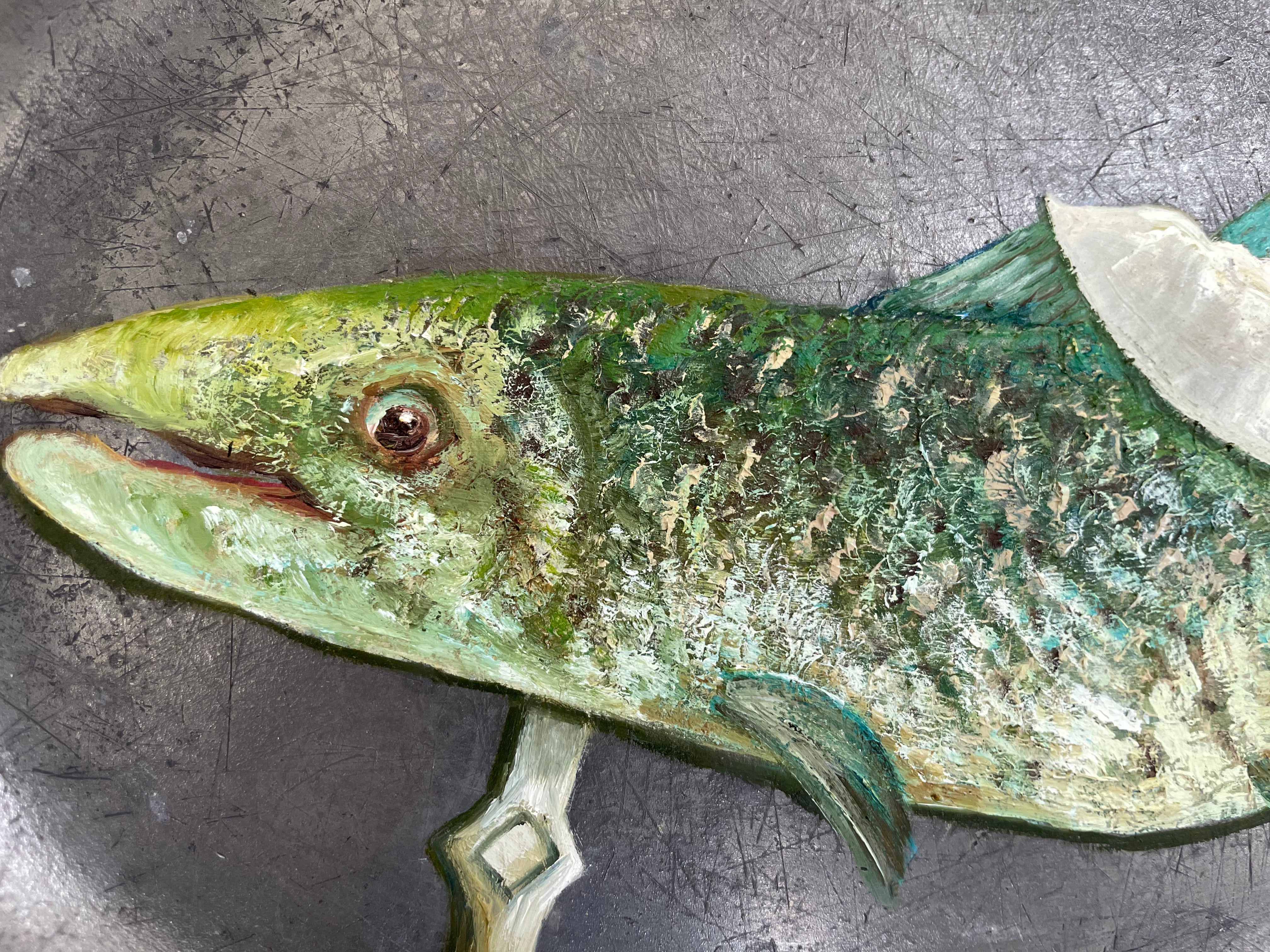 Plated: original fine art oil painting on an antique pewter platter - trout with antique fork & knife