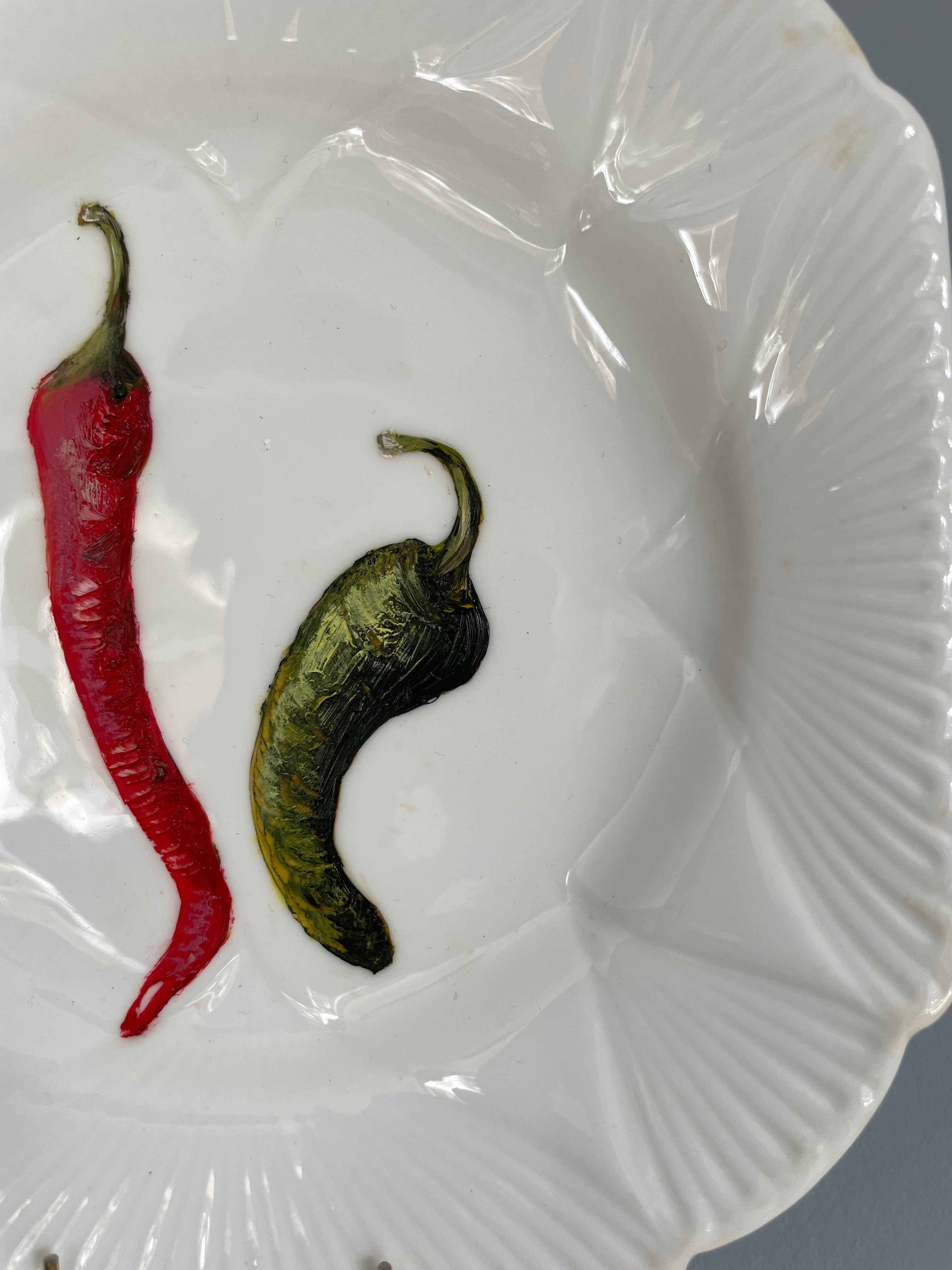 Plated: original fine art oil painting on an antique tea plate - 2 chillies