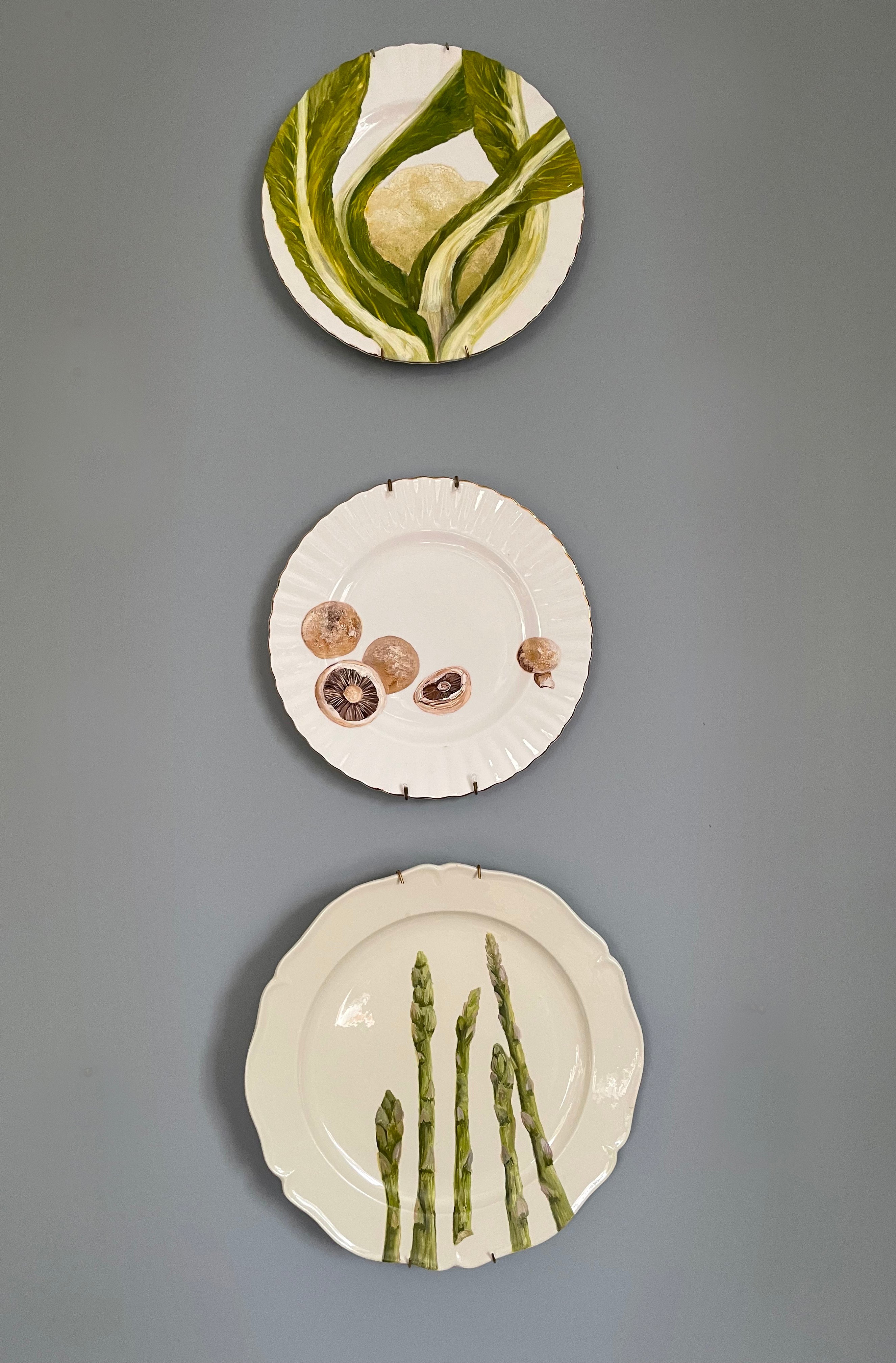 Plated: original fine art oil painting on a vintage French plate - 5 asparagus spears