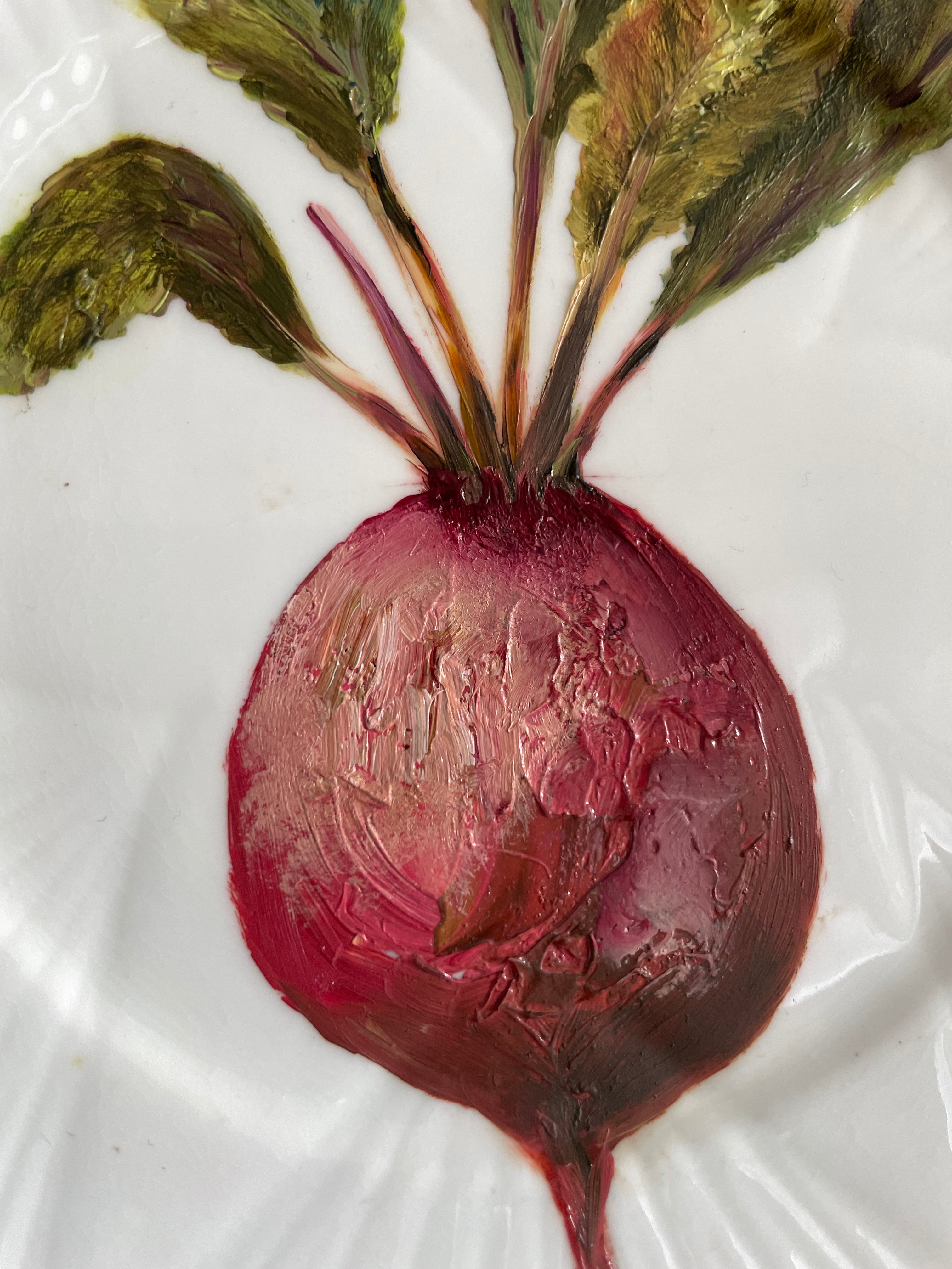 Plated: original fine art oil painting on a 1920/30s tea plate - radish