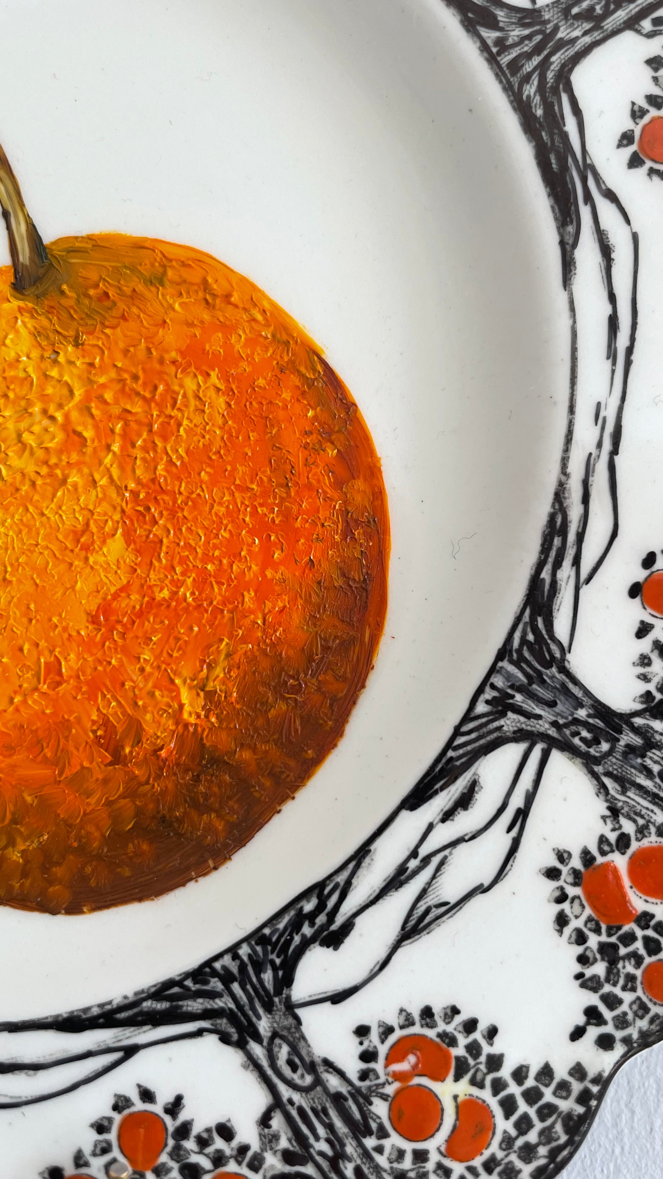 Plated: original fine art oil painting on an Art Deco Crown Ducal tea plate - mandarin orange
