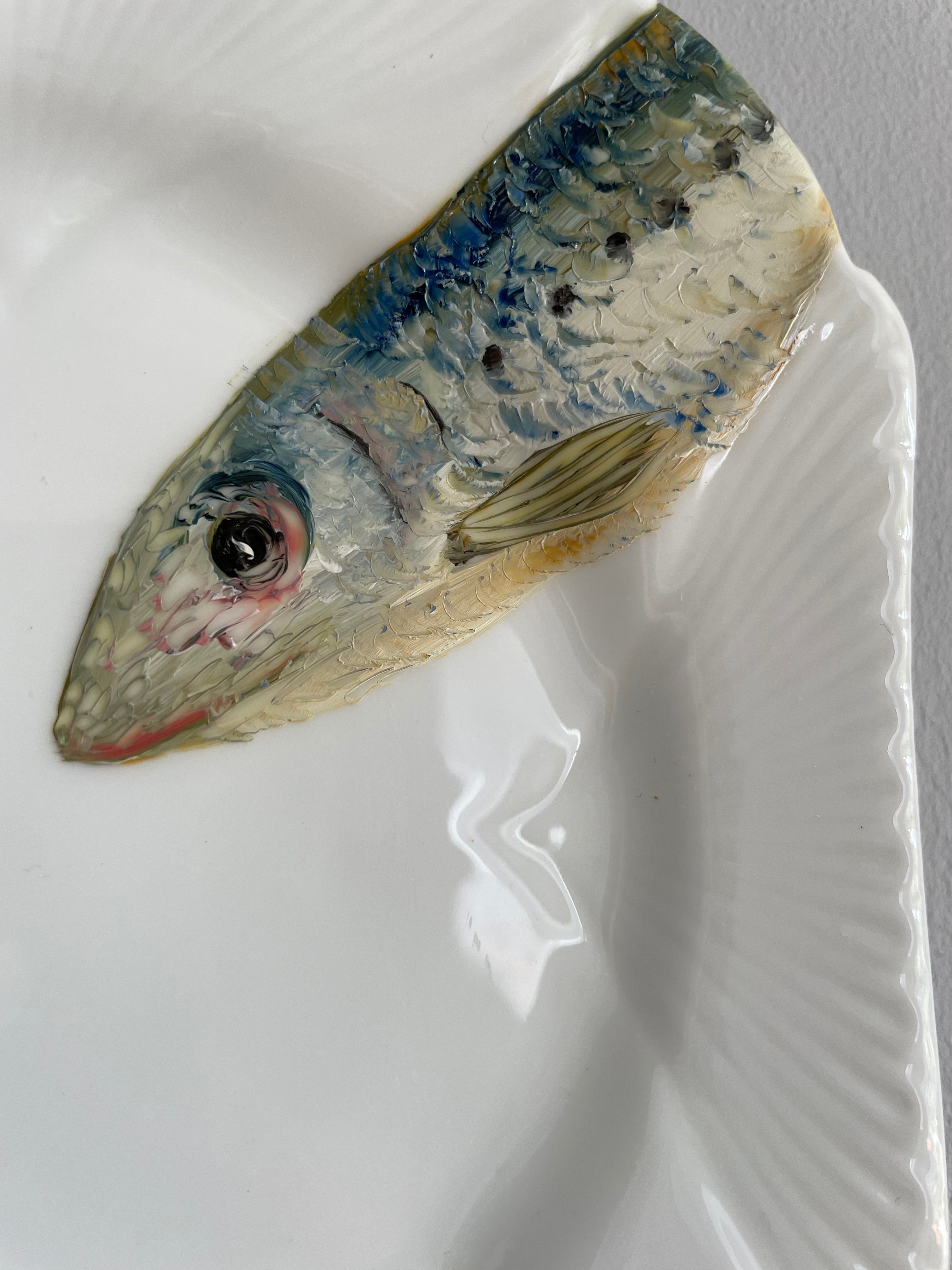 Plated: original fine art oil painting on an antique tea plate - 2 sardines