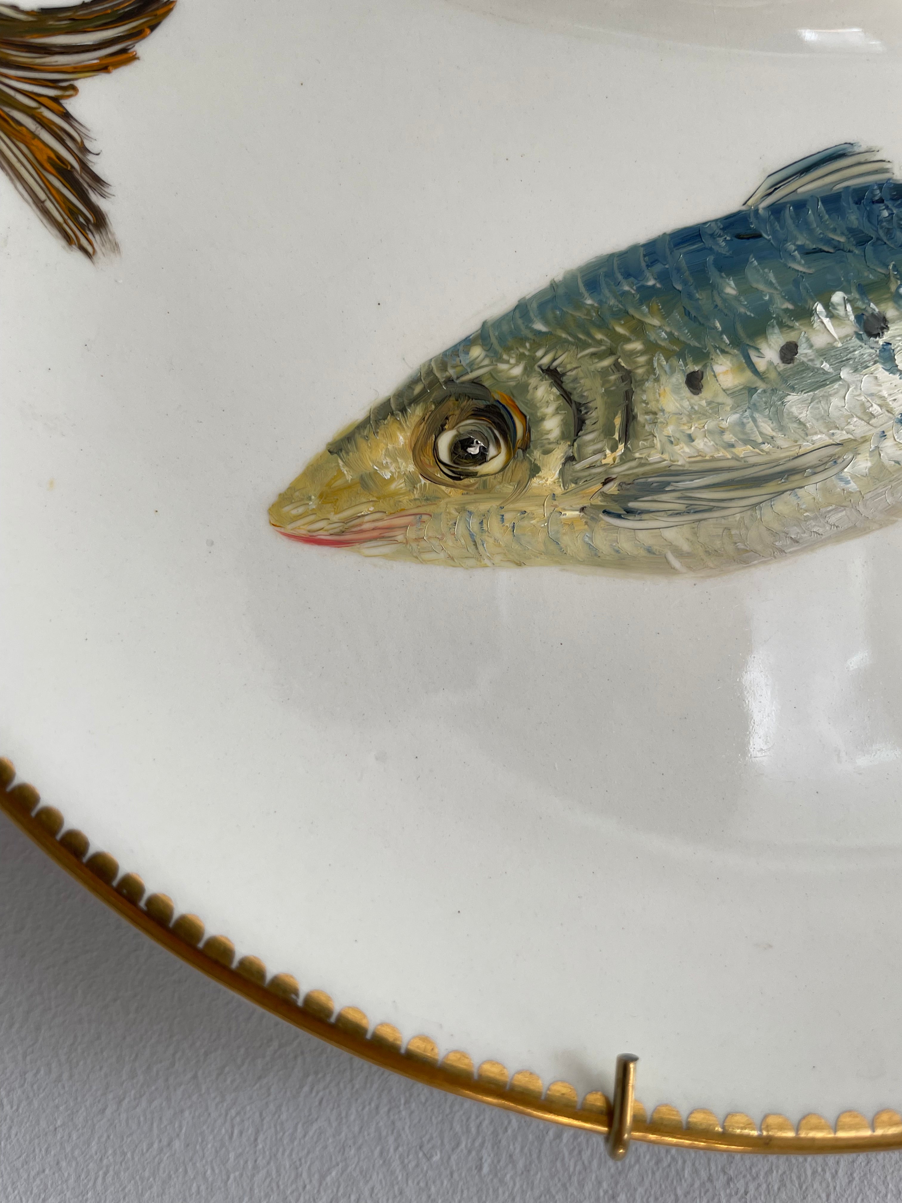 Plated: original fine art oil painting on a vintage side plate - 3 sardines