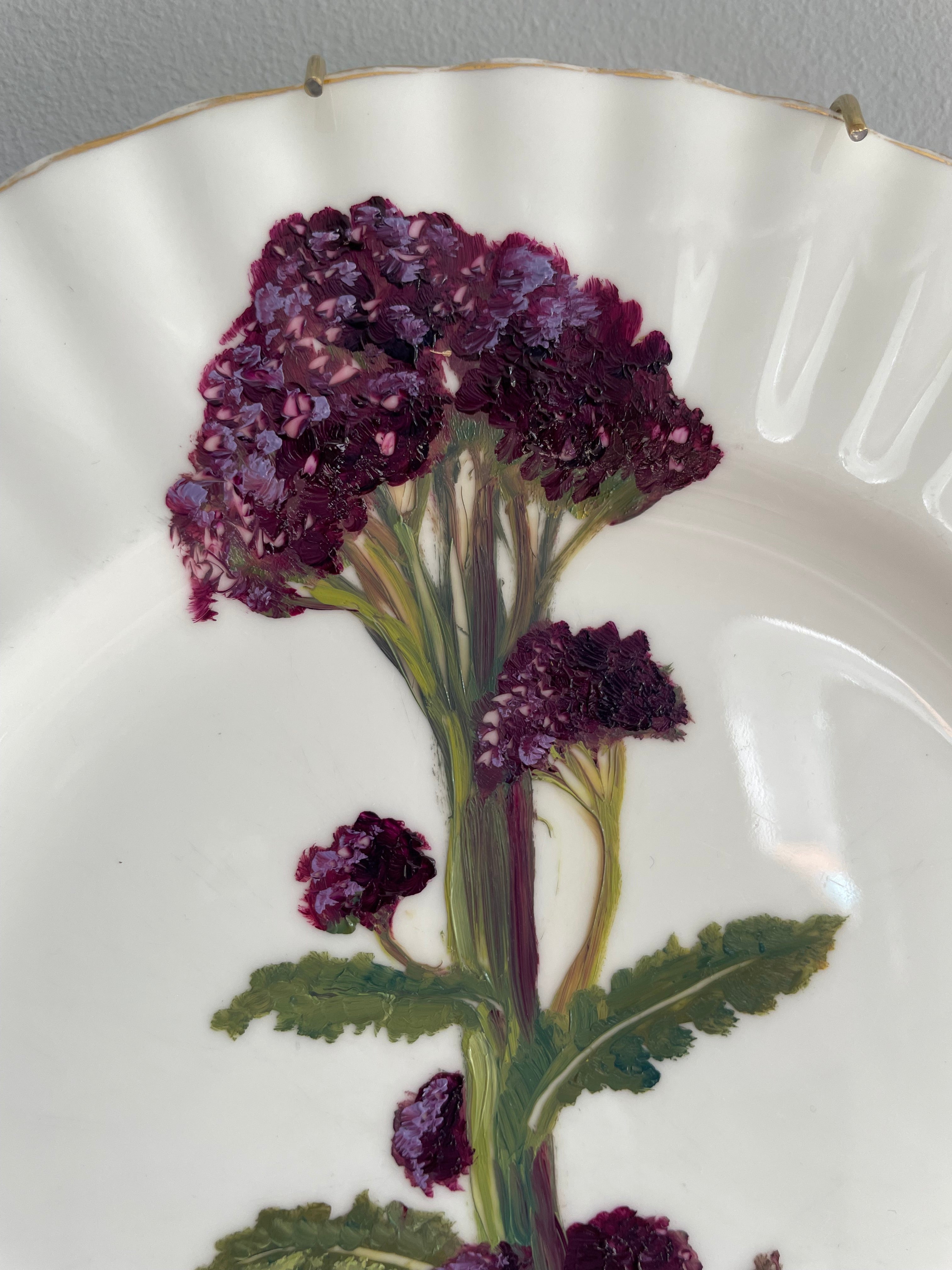 Plated: original fine art oil painting on an vintage salad plate - purple sprouting broccoli