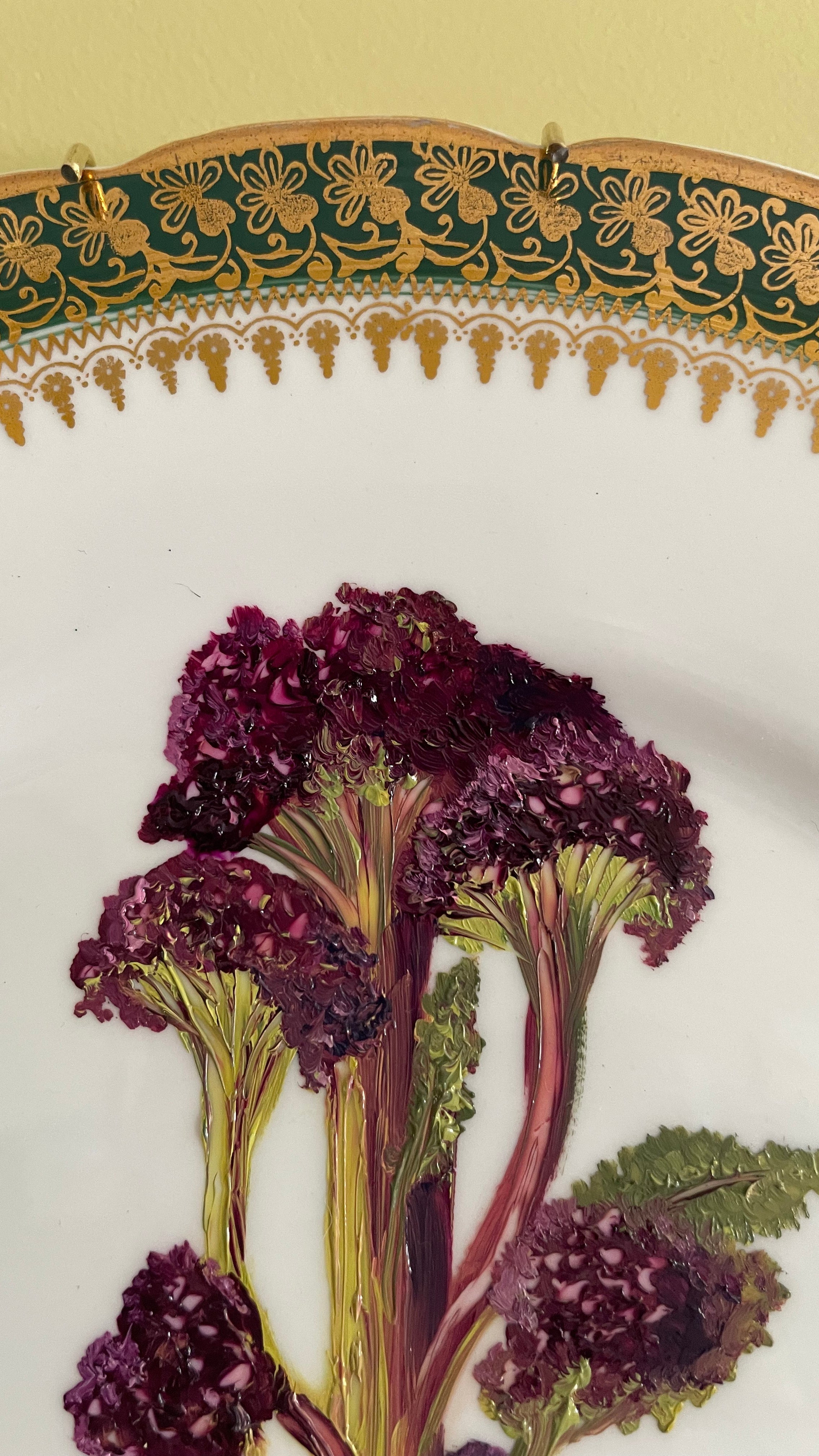 Plated: original fine art oil painting on a vintage Royal Stafford cake plate - purple sprouting broccoli