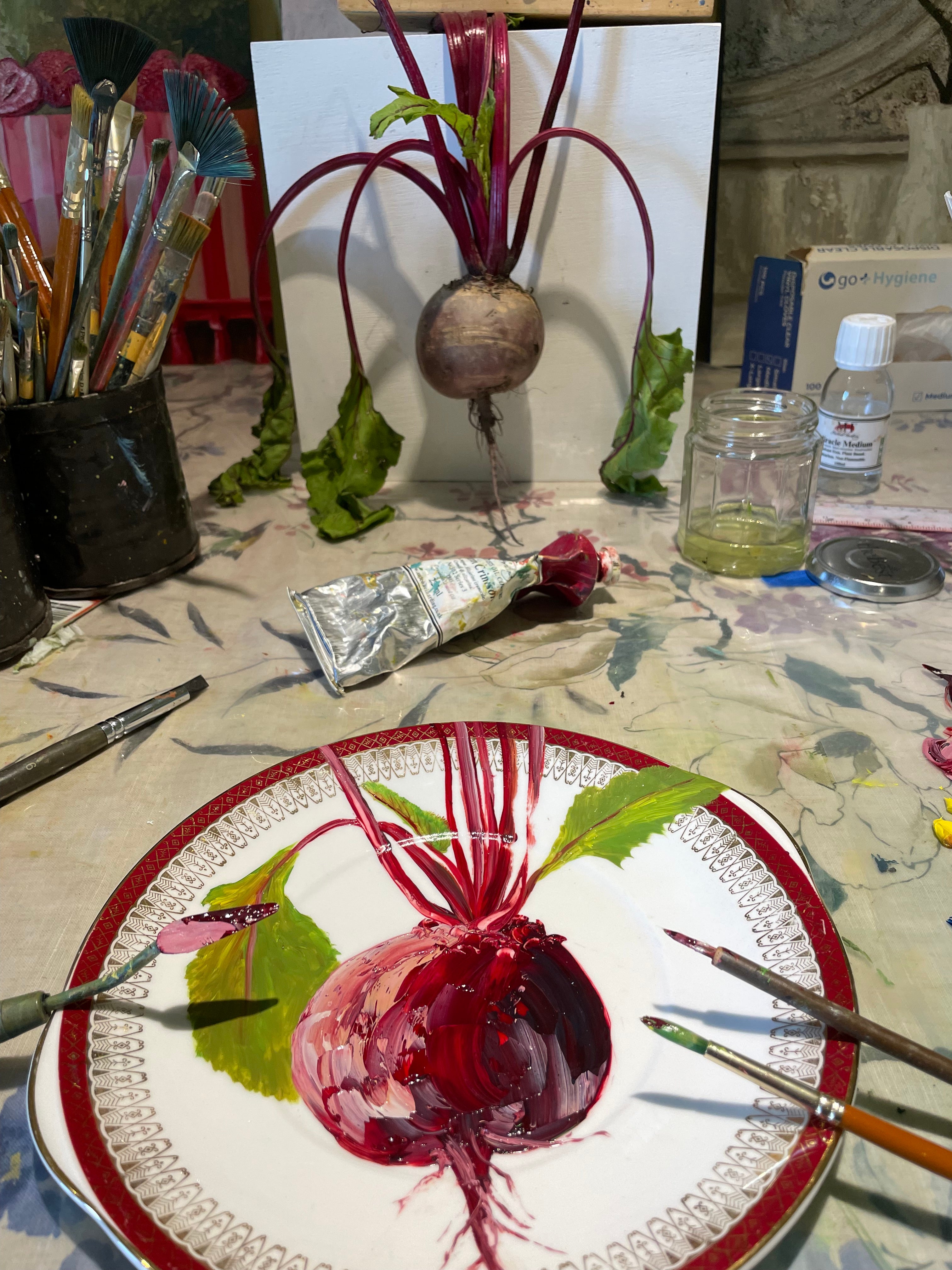 Original oil painting on a vintage Royal Grafton china cake plate - garden fresh beetroot