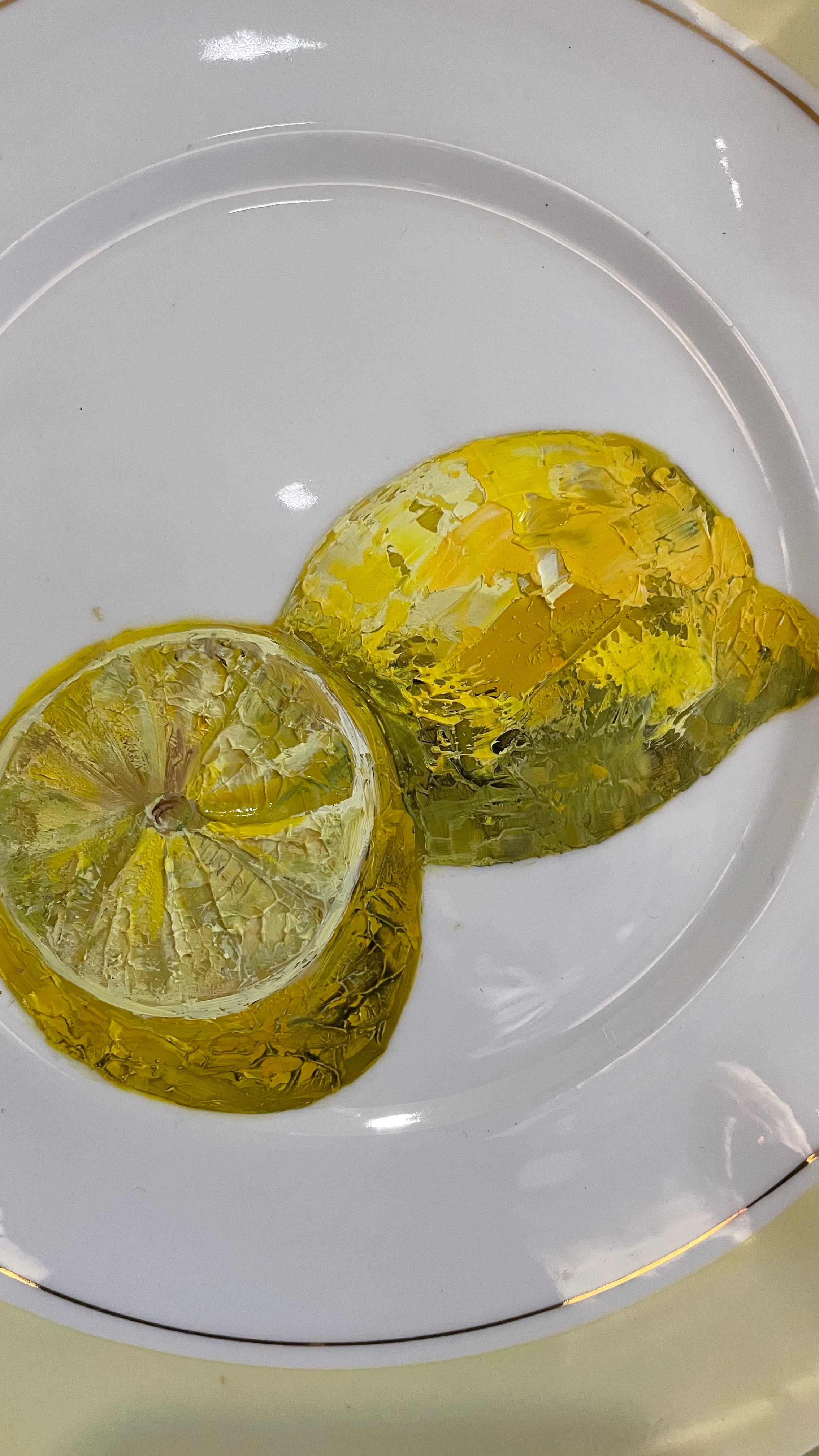 Plated: original fine art oil painting on a vintage cake plate - lemons