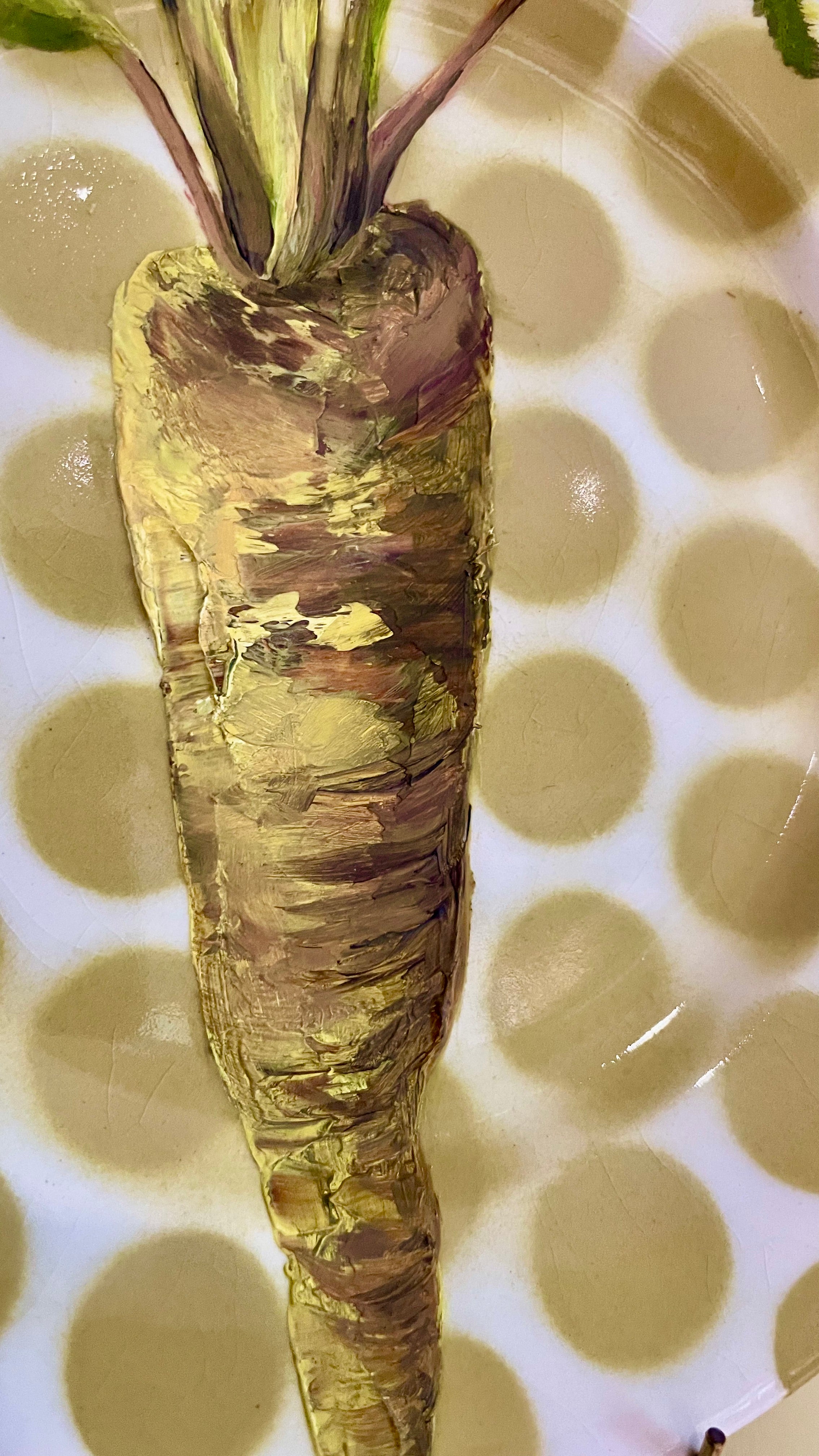 Plated: original fine art oil painting on a vintage 1960s Tams Ware tea plate - little parsnip