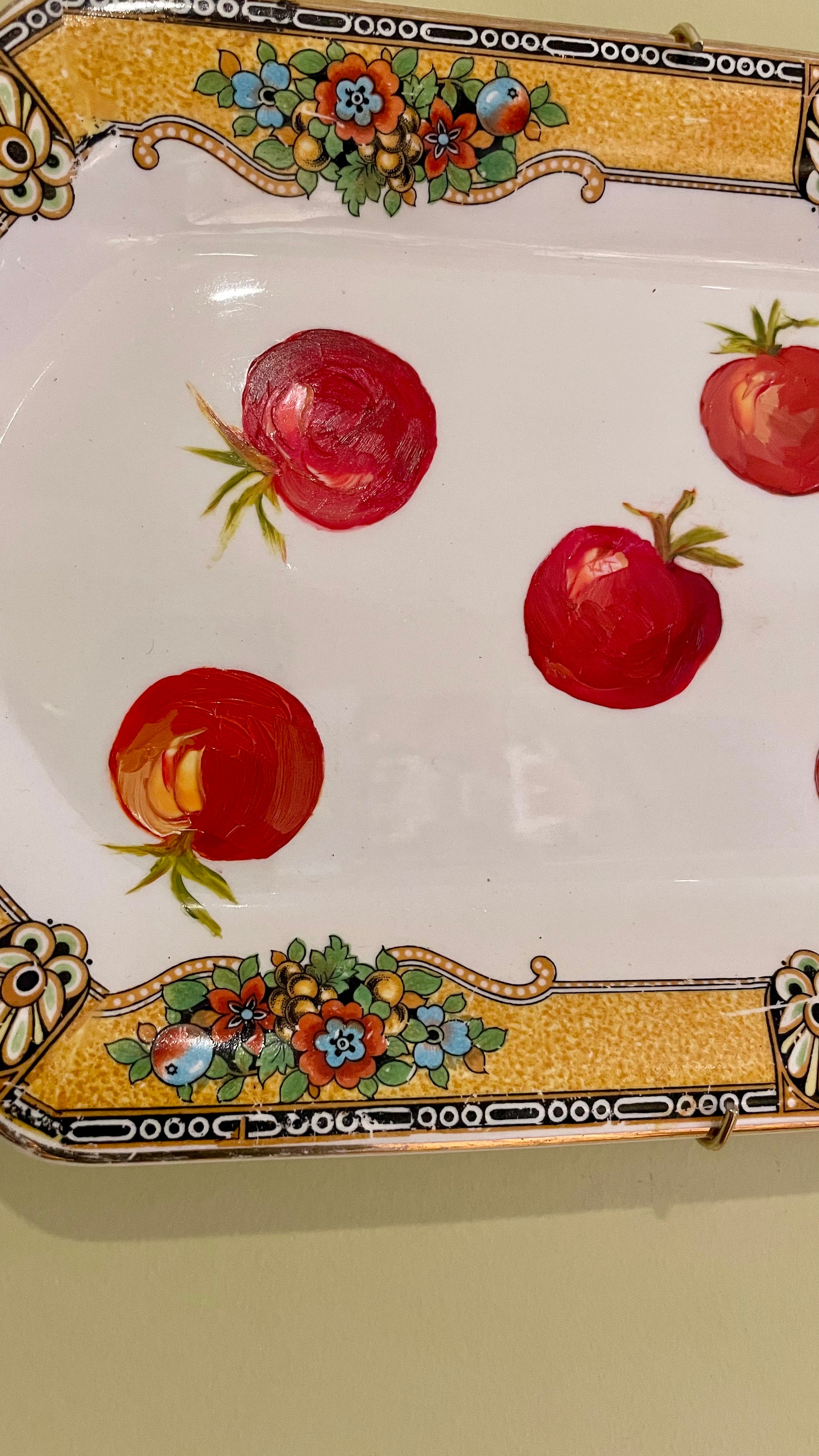 Plated: original fine art oil painting on a vintage sandwich plate - 8 vine tomatoes
