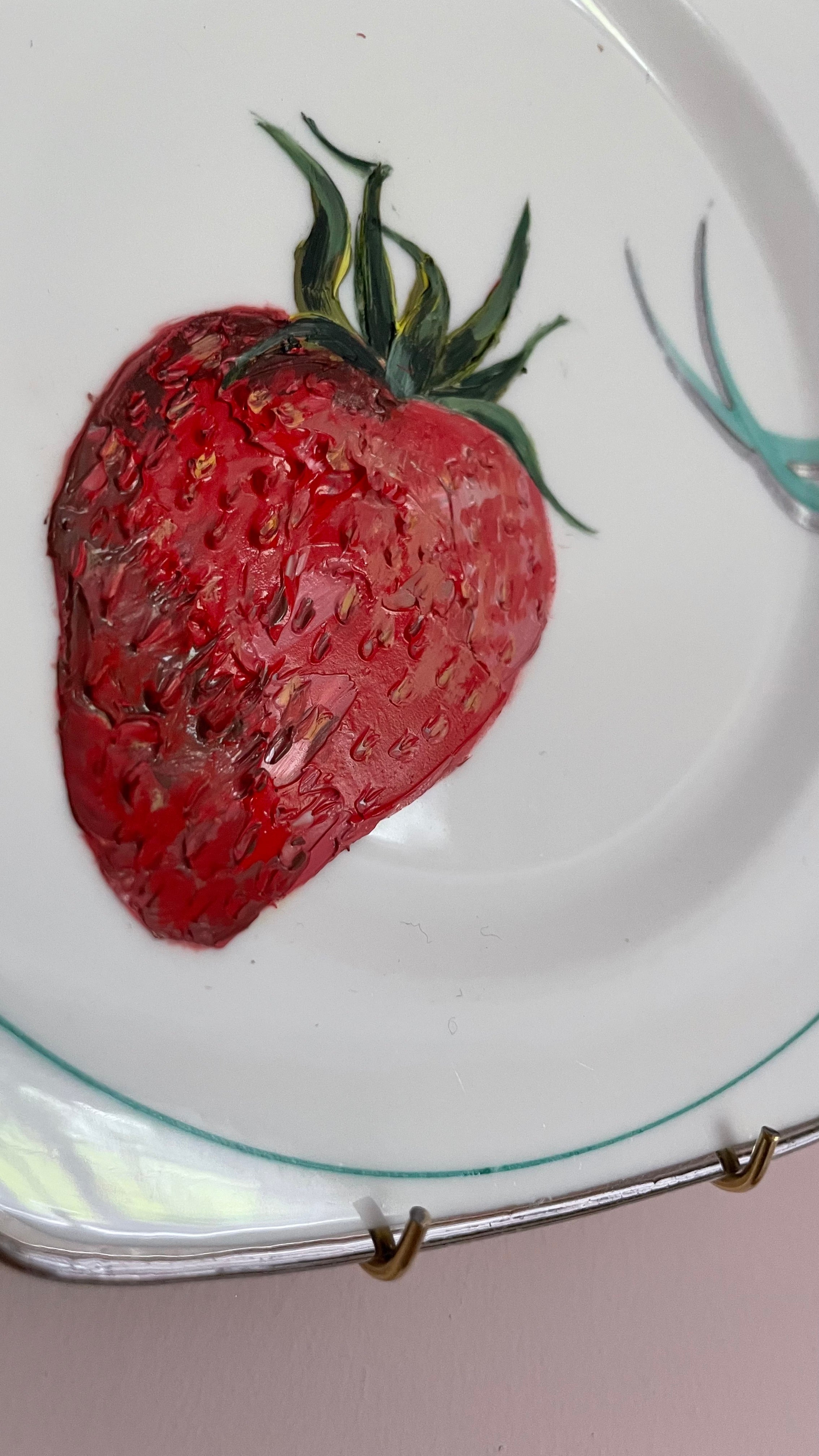 Plated: original fine art oil painting on an Art Deco tea plate - strawberry