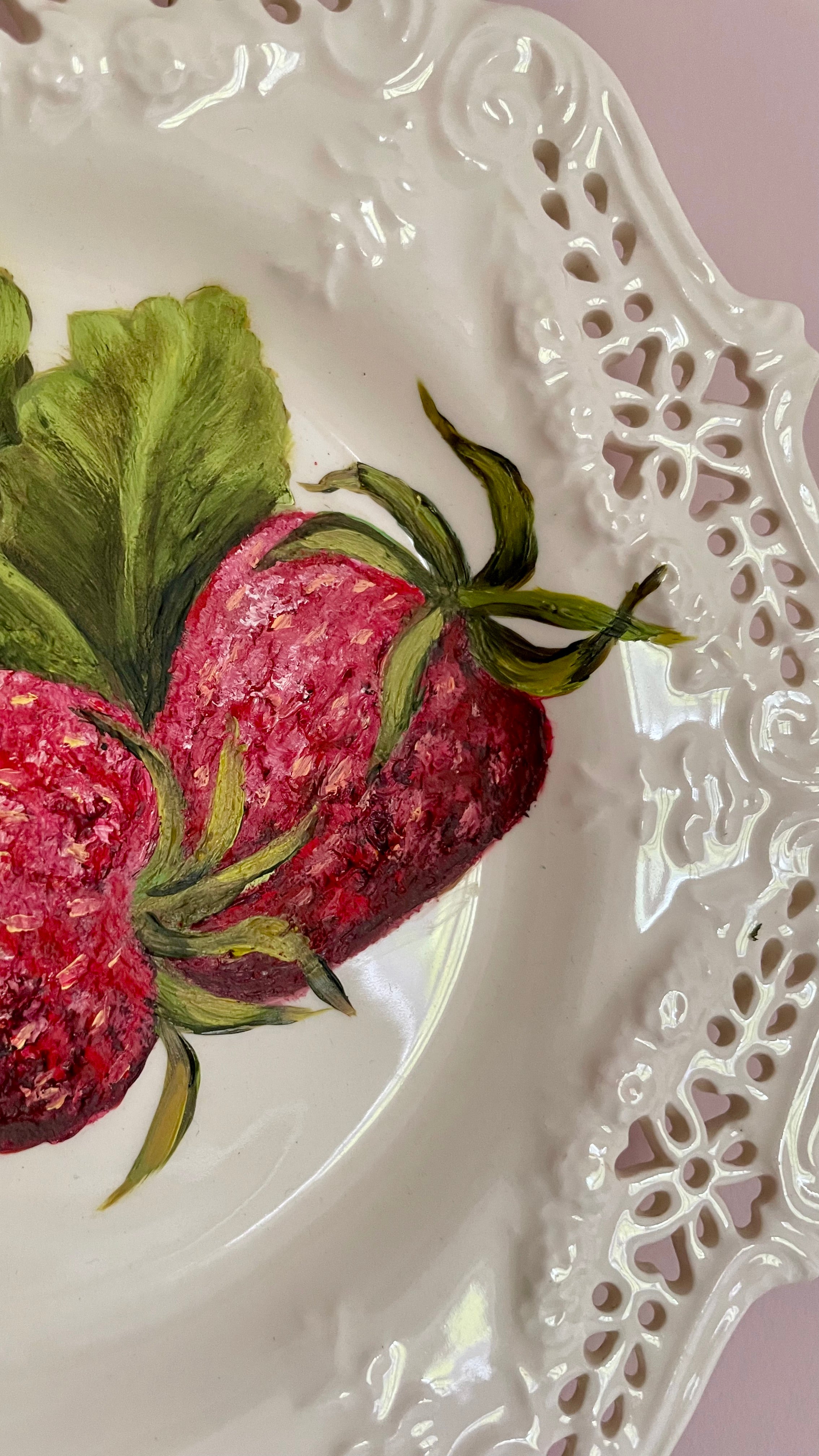 Plated: original fine art oil painting on an old reticulated tea plate - strawberries