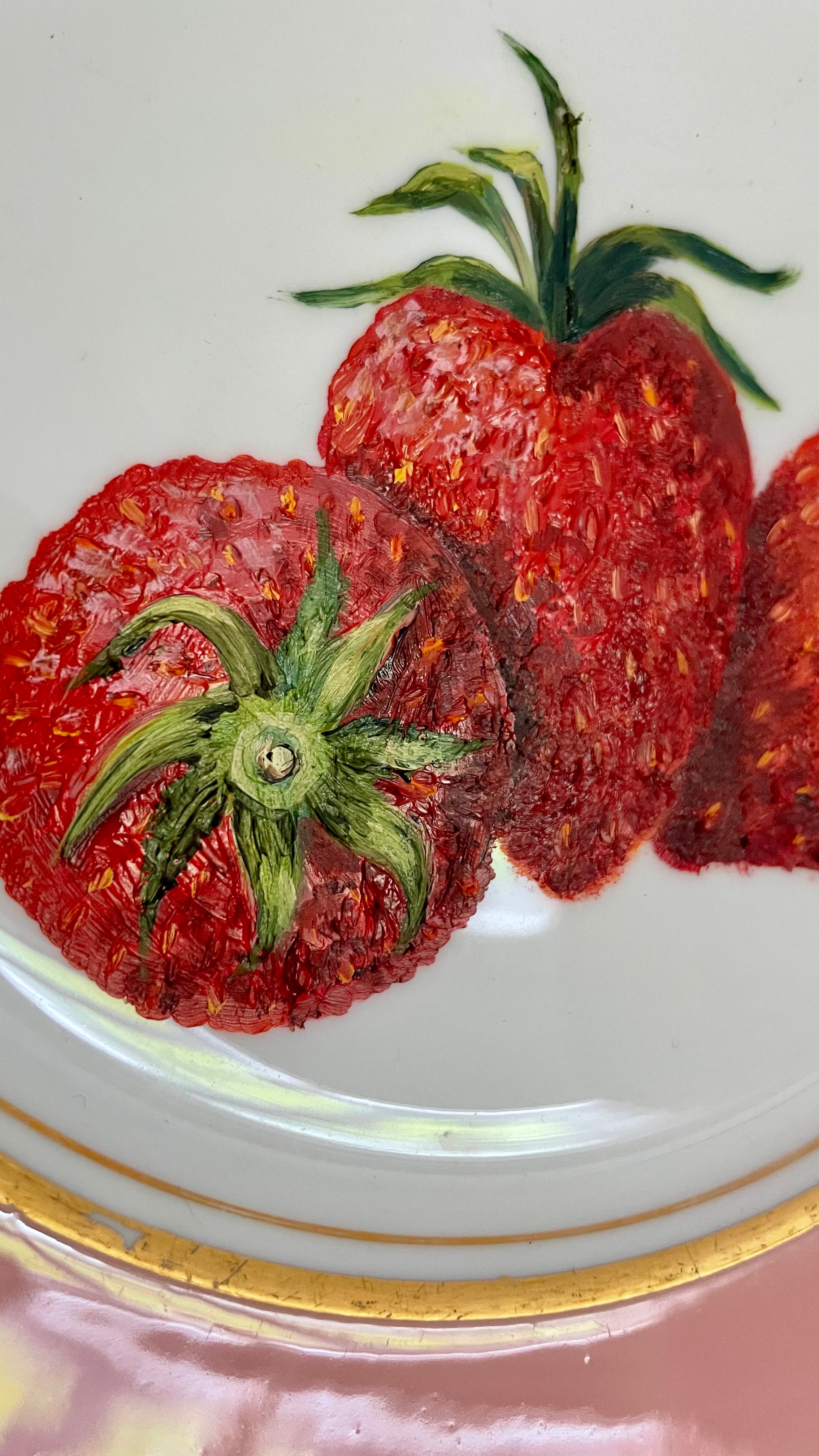 Plated: original fine art oil painting on a pink vintage Colclough salad plate - 3 strawberries