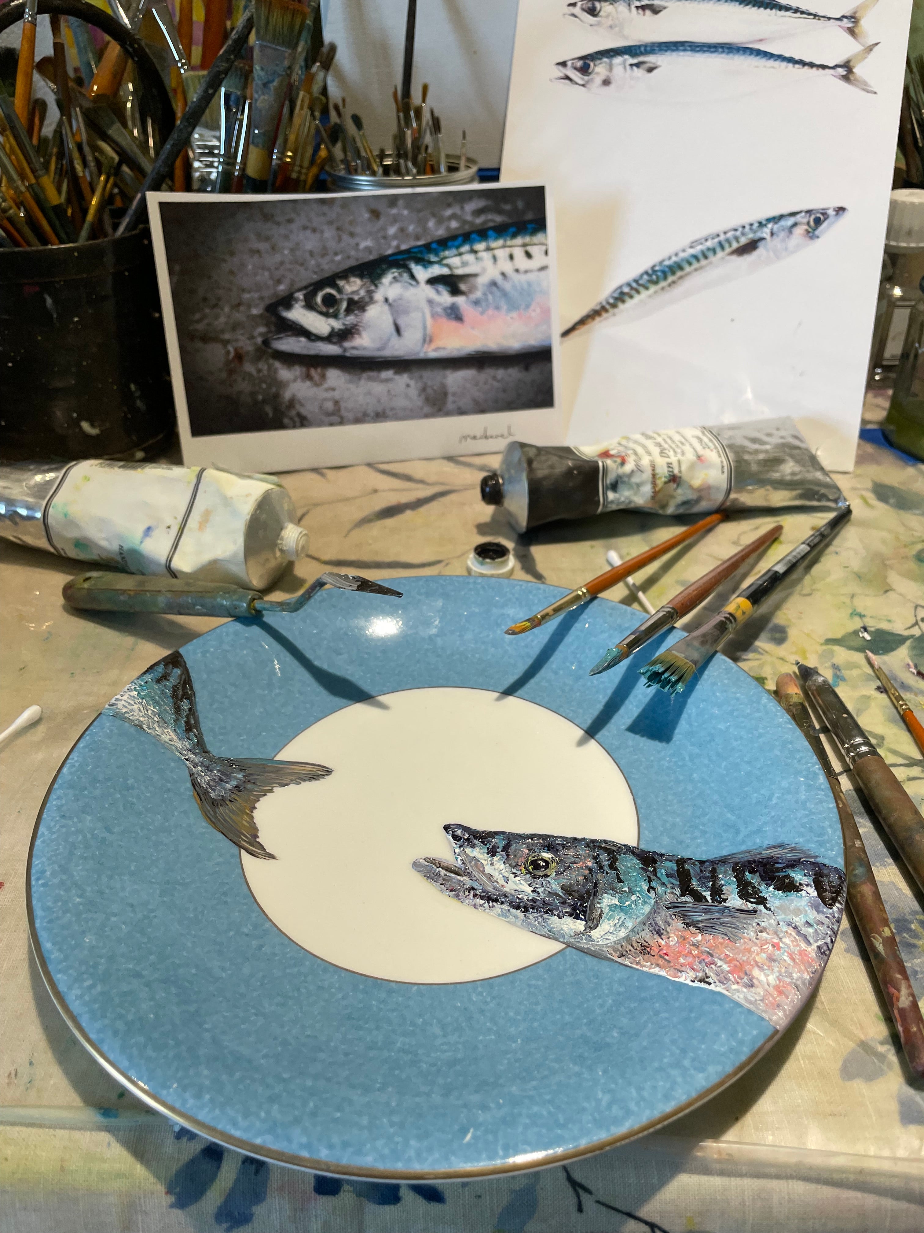 Original oil painting on a vintage George Jones & Son salad plate - Two Mackerel