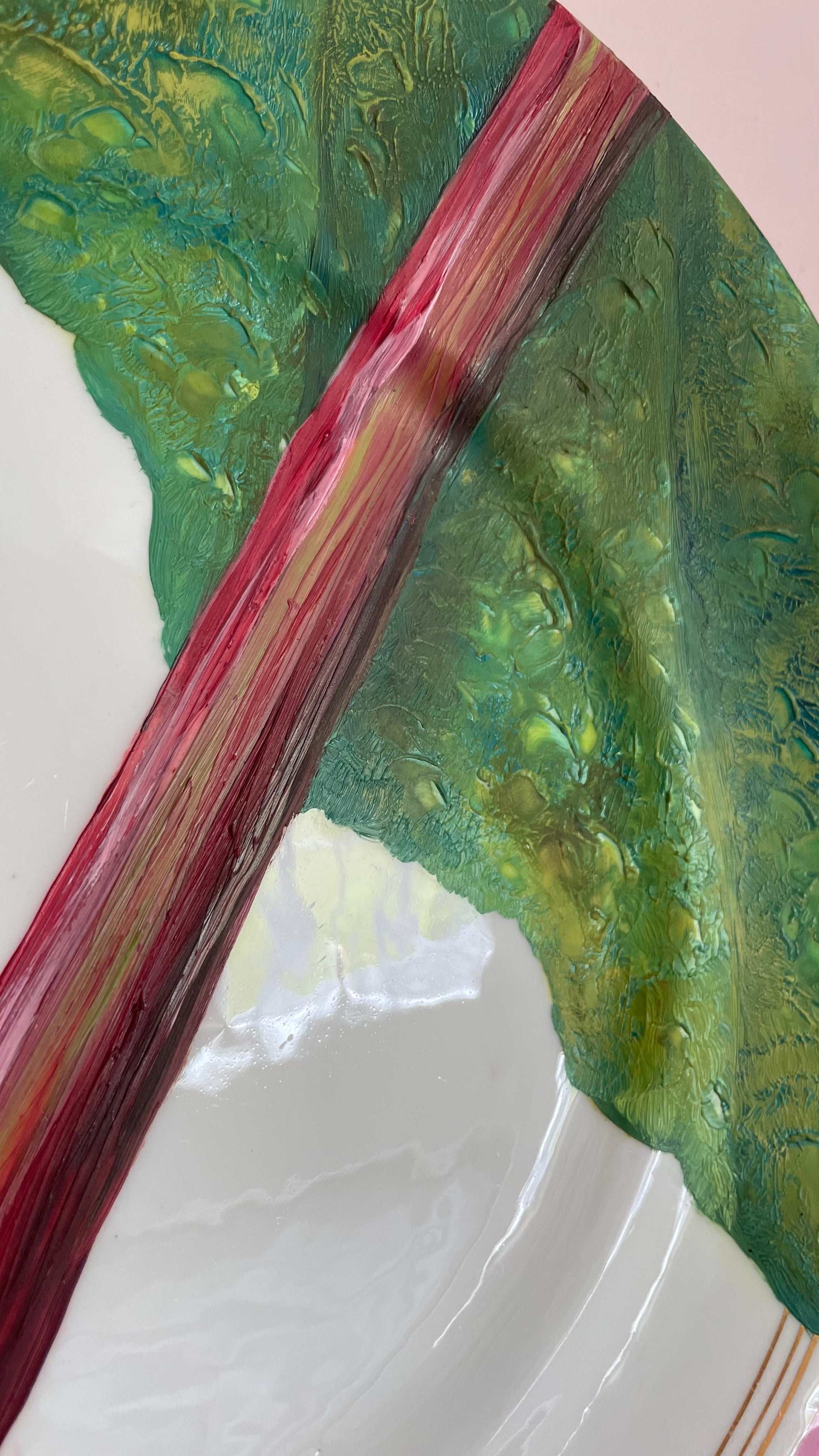 Plated: original fine art oil painting on an antique cake plate - rhubarb