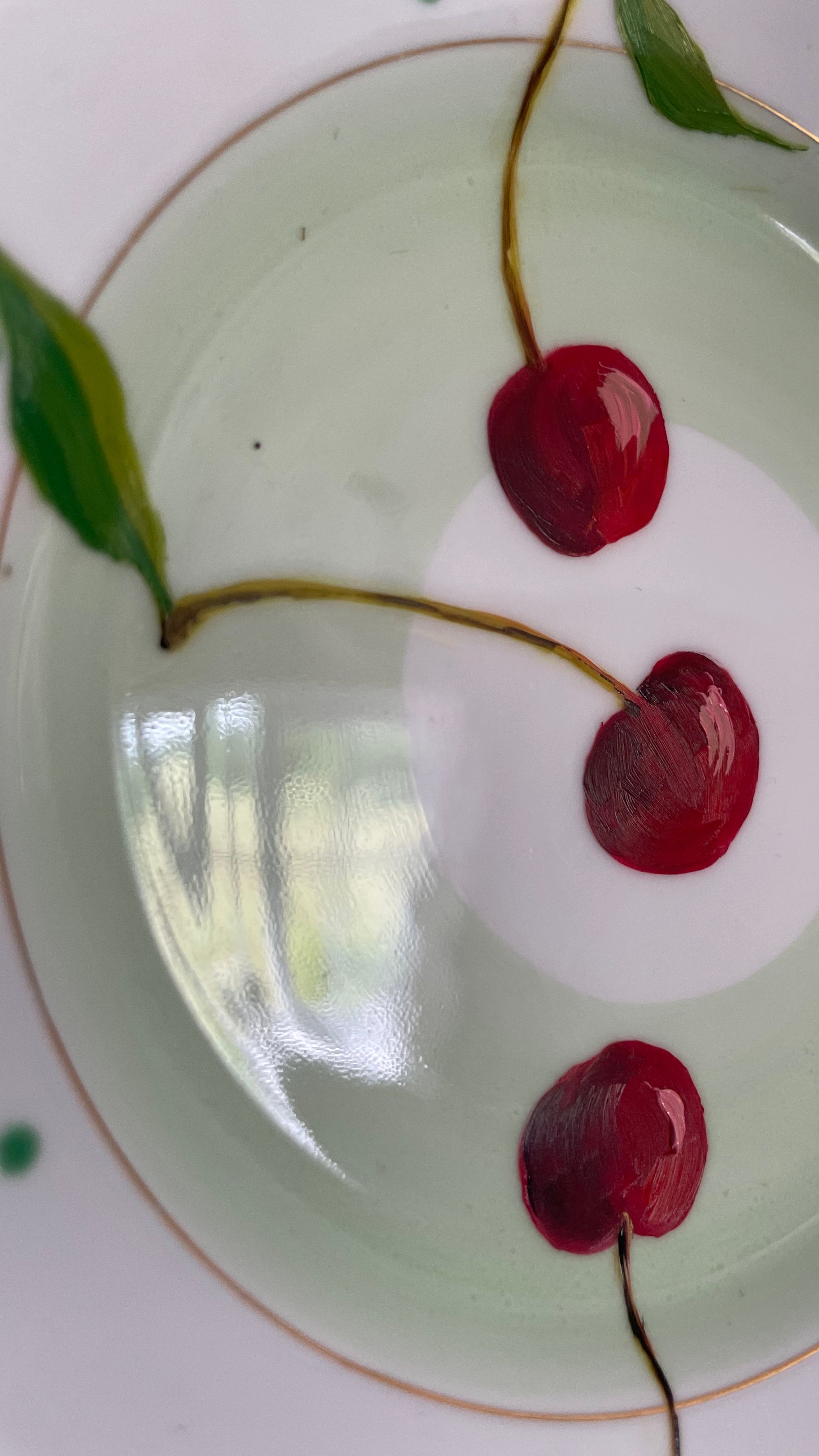 Plated: original fine art oil painting on a vintage tea plate - 4 cherries
