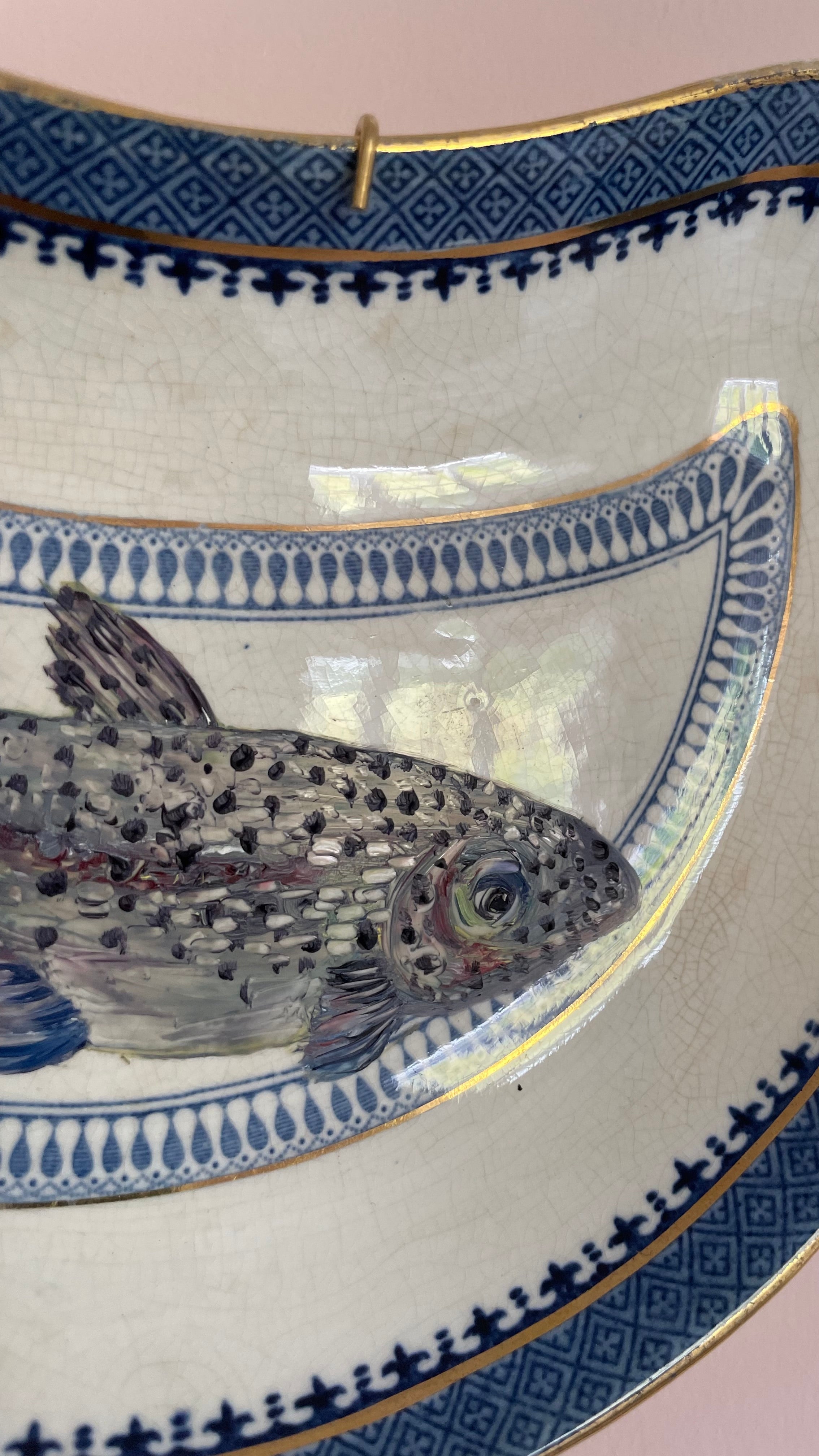 Plated: original fine art oil painting on an antique Booths side plate - trout fish