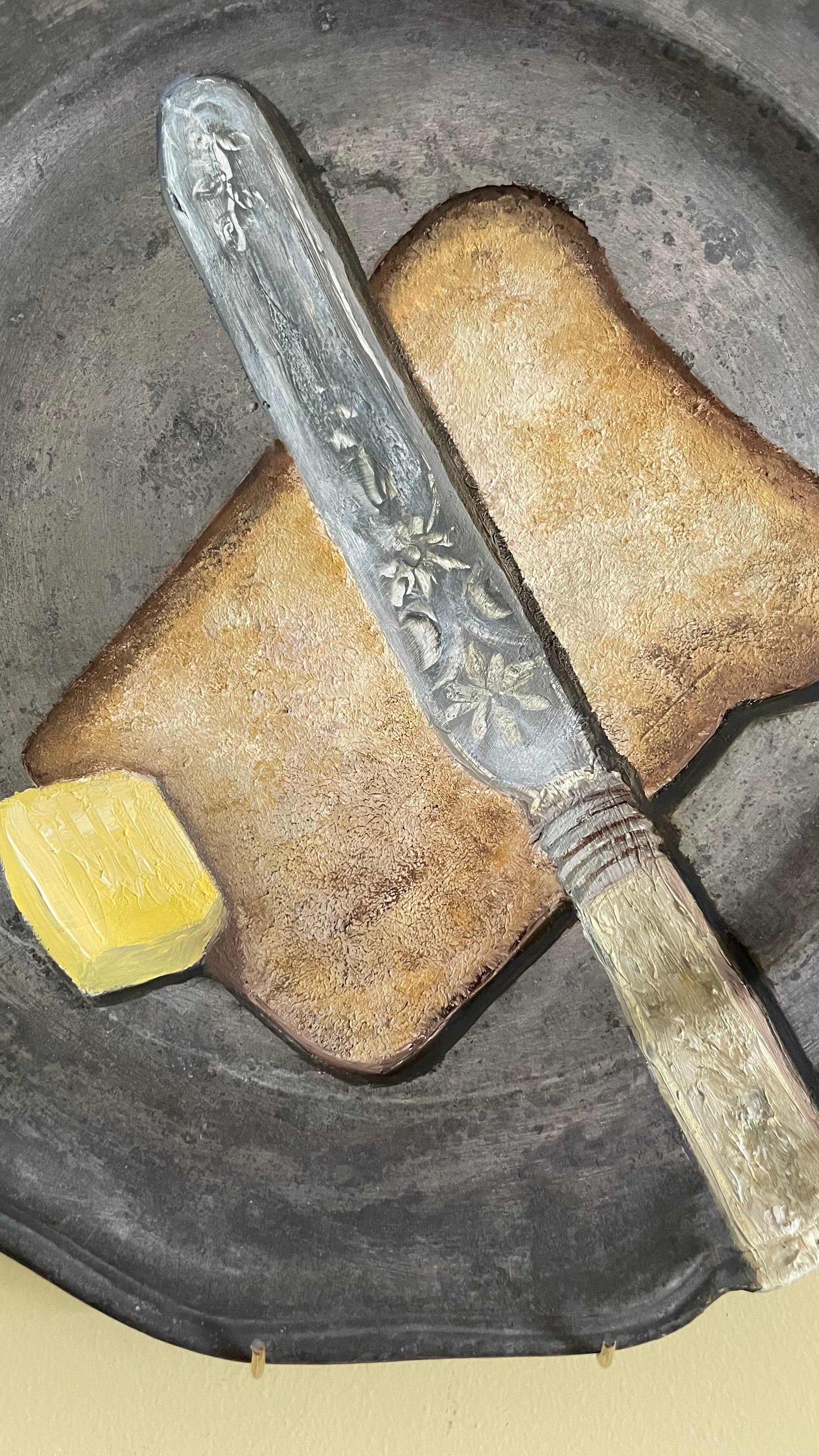Plated: original fine art oil painting on an antique pewter plate - antique butter knife, bread & butter