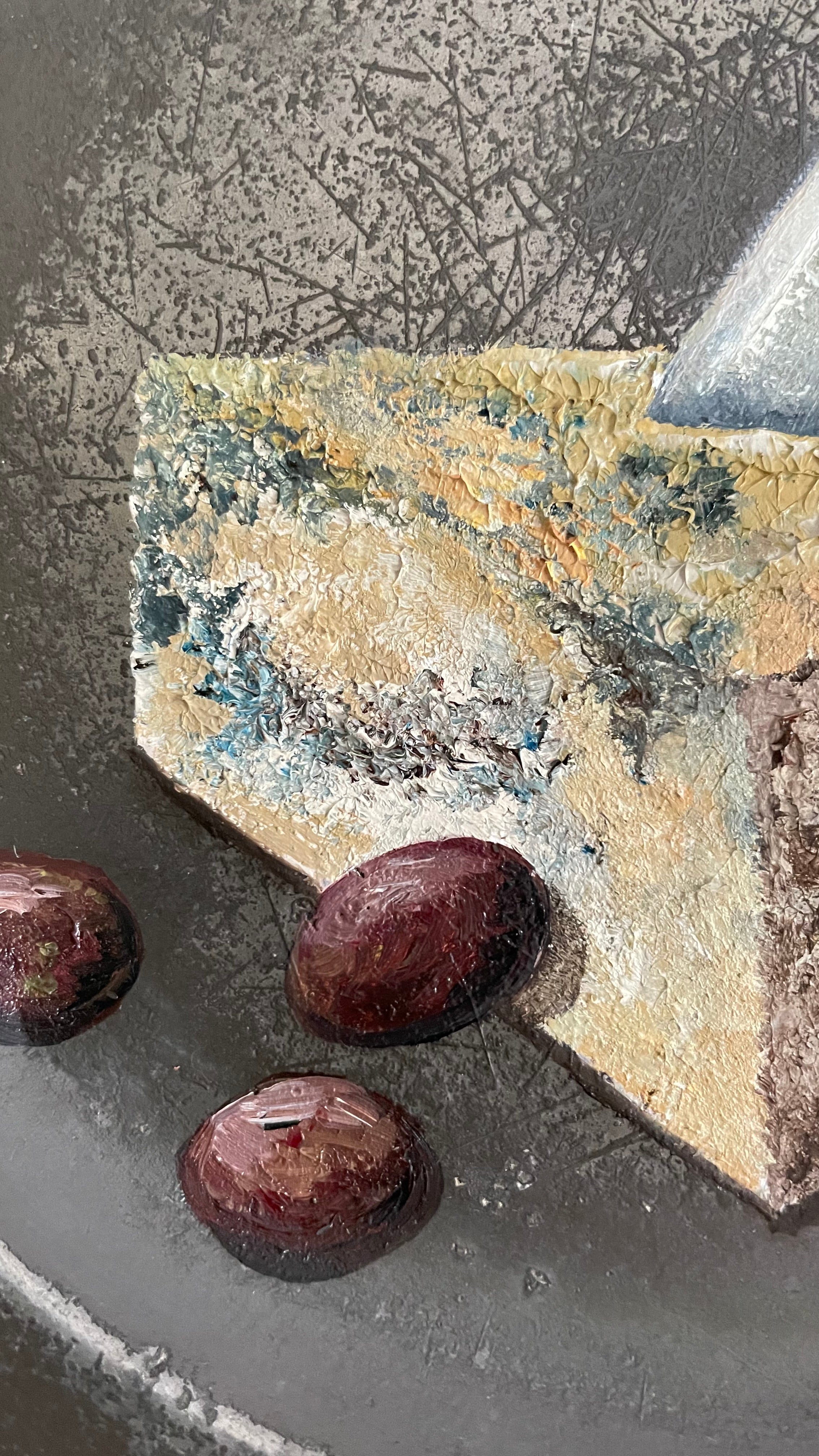 Plated: original fine art oil painting on an antique pewter plate - stilton cheese, vintage cheese knife and olives