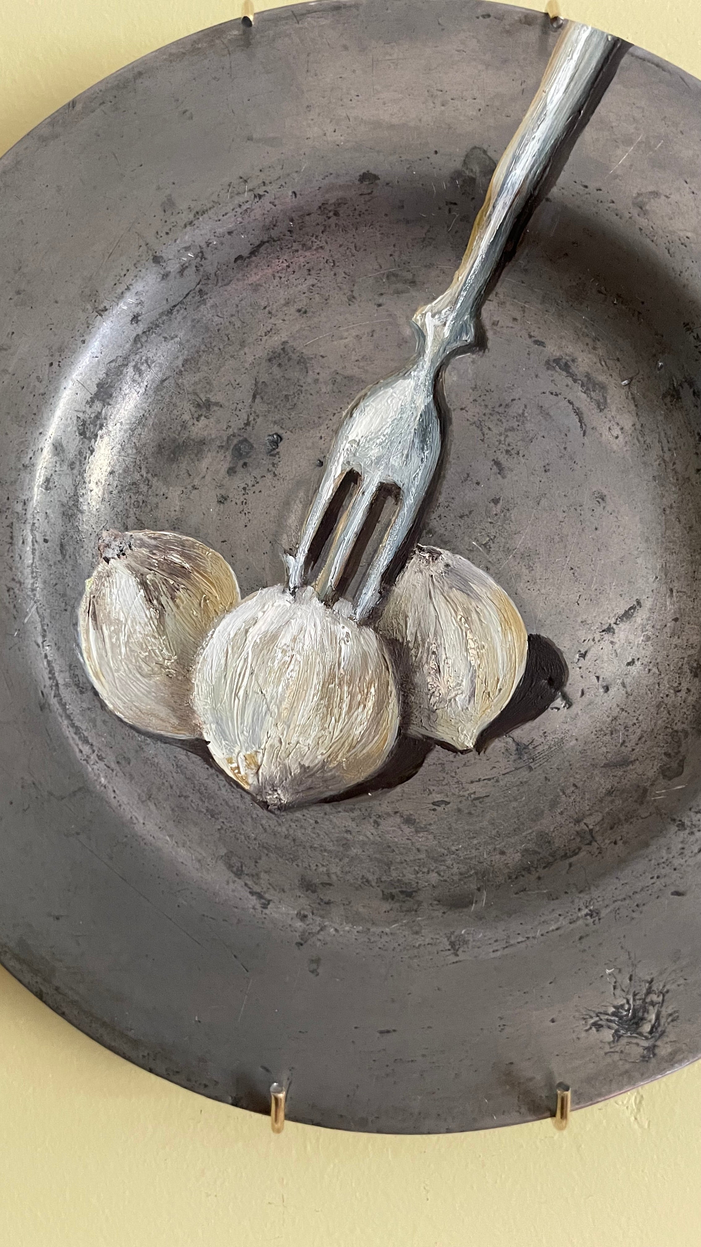 Plated: original fine art oil painting on an antique pewter plate - pickled onions with antique pickle fork