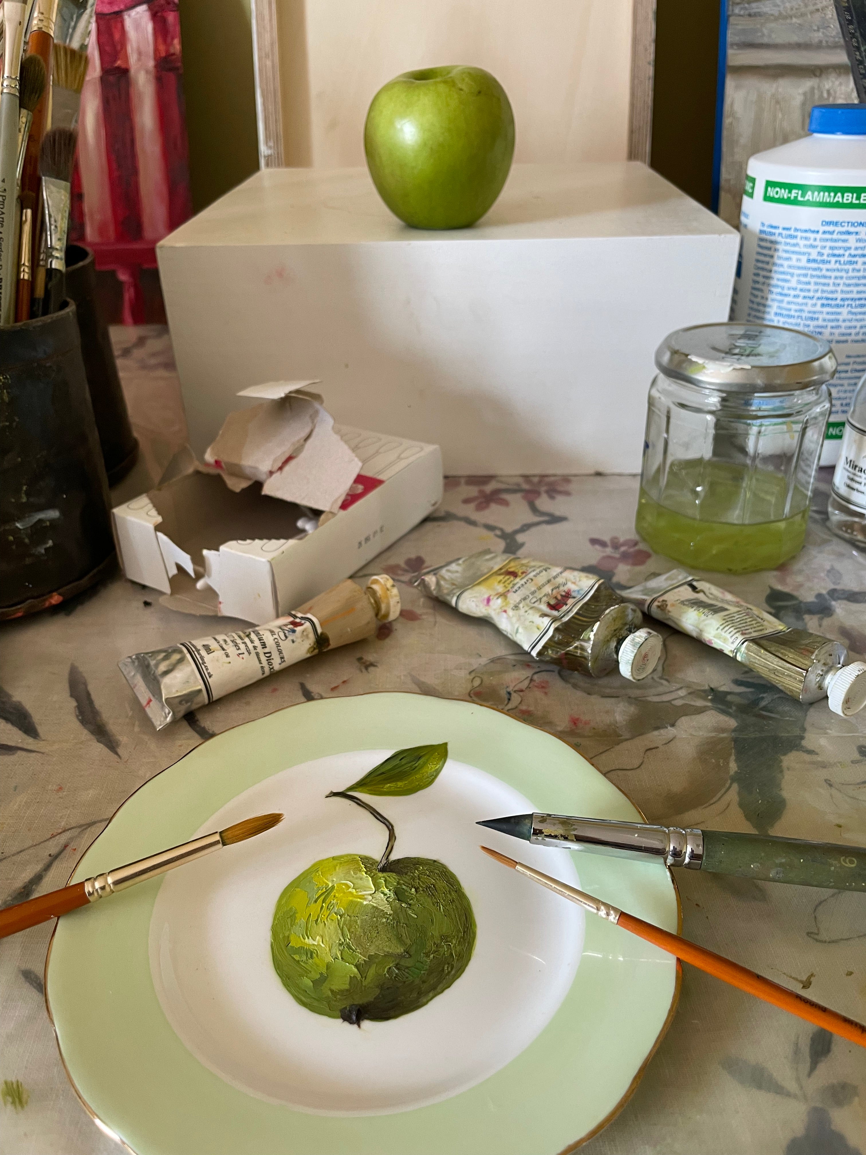 Original oil painting on a vintage tea plate - apple