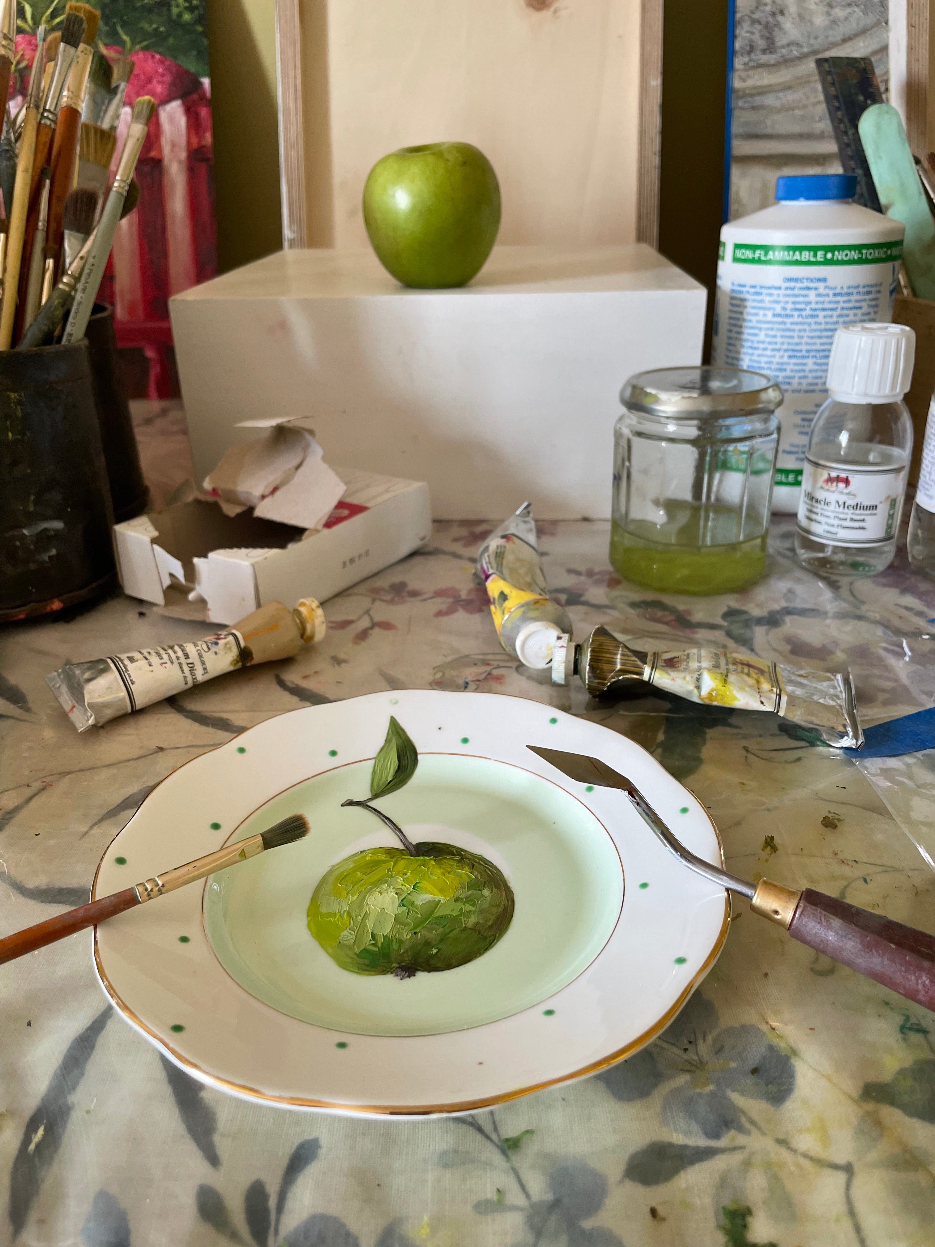 Original fine art oil painting on a vintage tea plate - apple