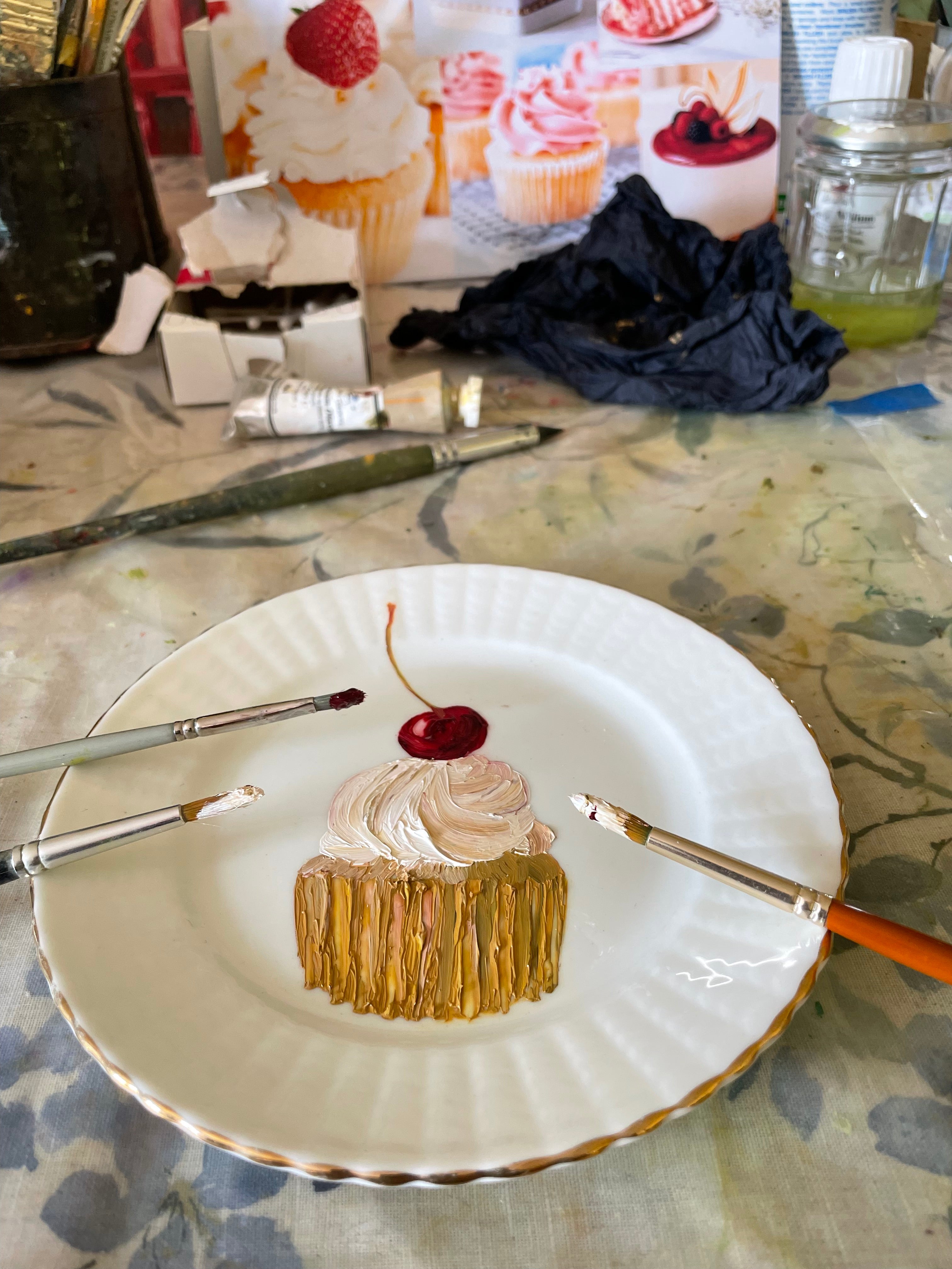 Cherry Cream Cup Cake Original Oil Painting On Vintage Radfords Crown China Tea Plate