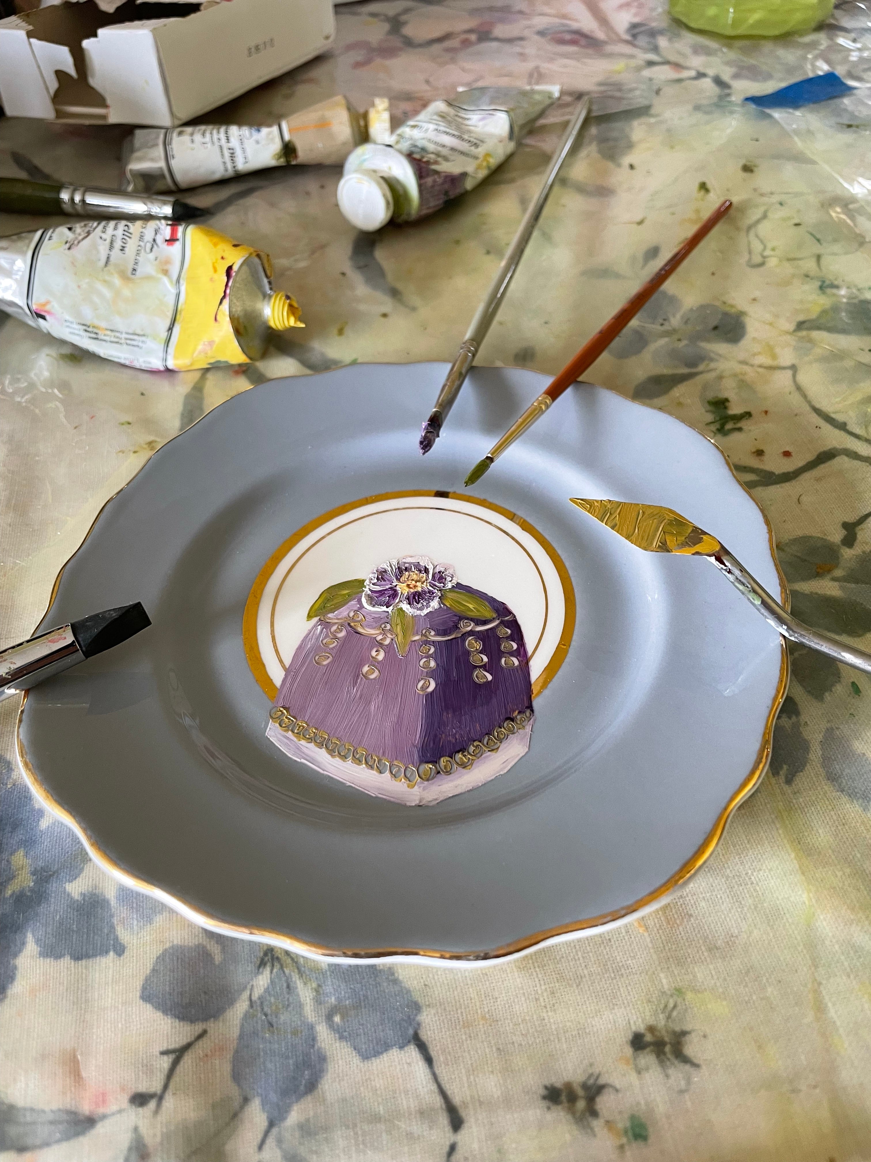 Blueberry Fondant Cake Original Oil Painting On Vintage Colclough China Mauve Grey Tea Plate