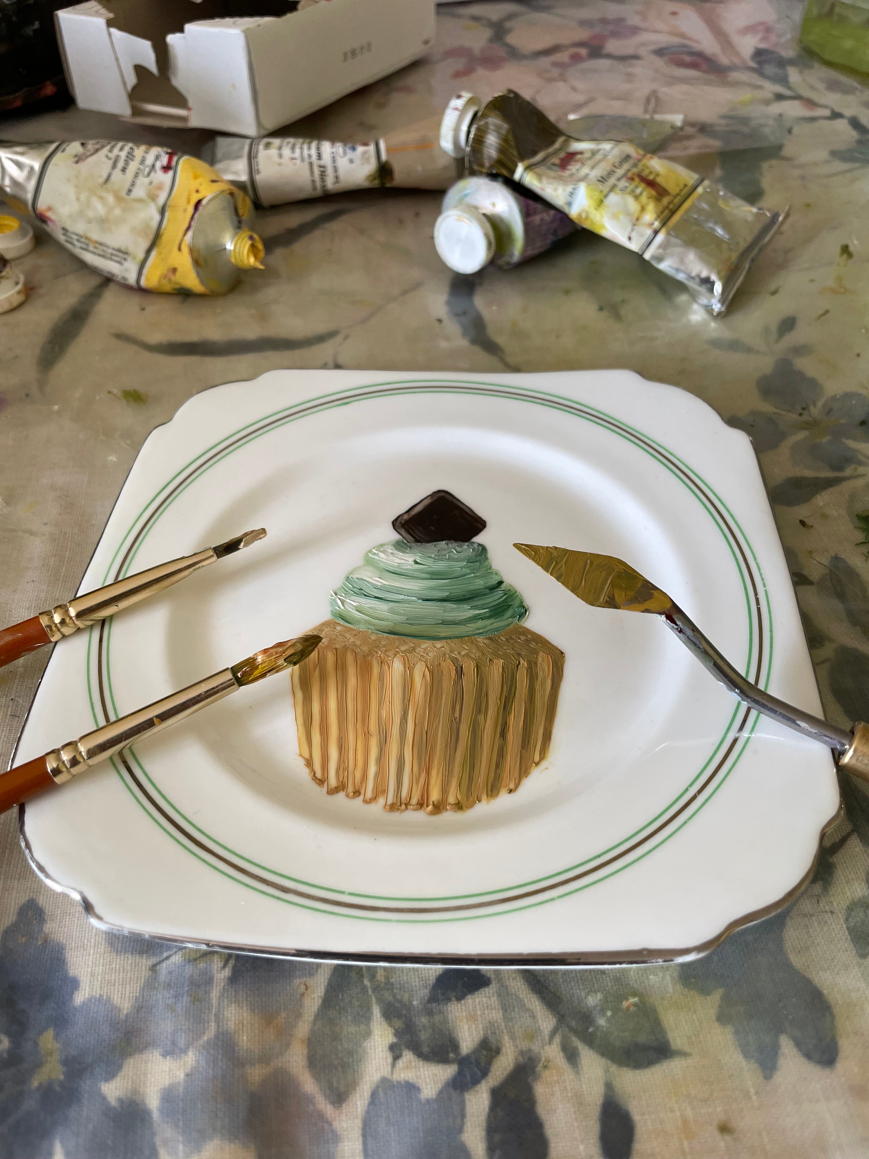Mint Cream Cup Cake Original Oil Painting On 1920s T.F.& S. Ltd China Tea Plate