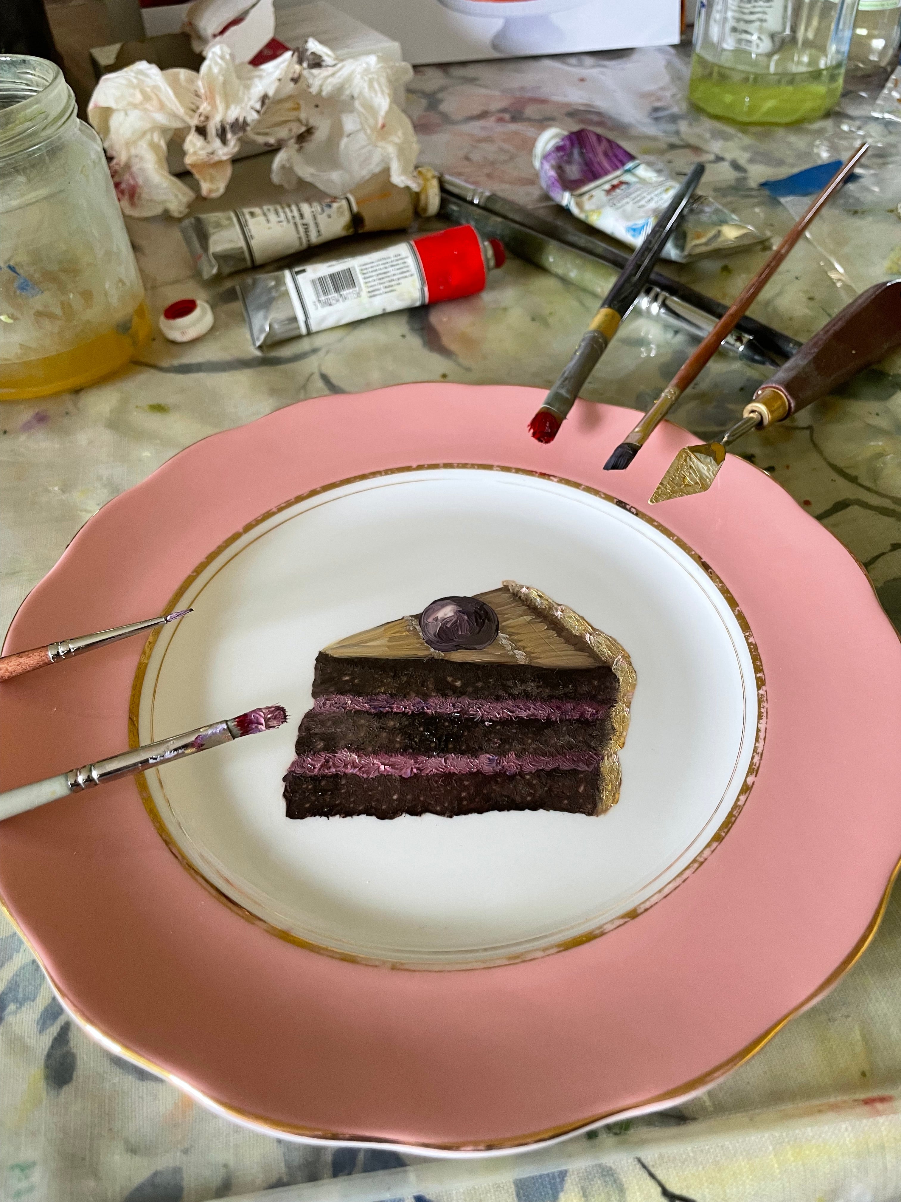 Black Forest Gateau Slice Original Oil Painting On Vintage Colclough China Salad Plate