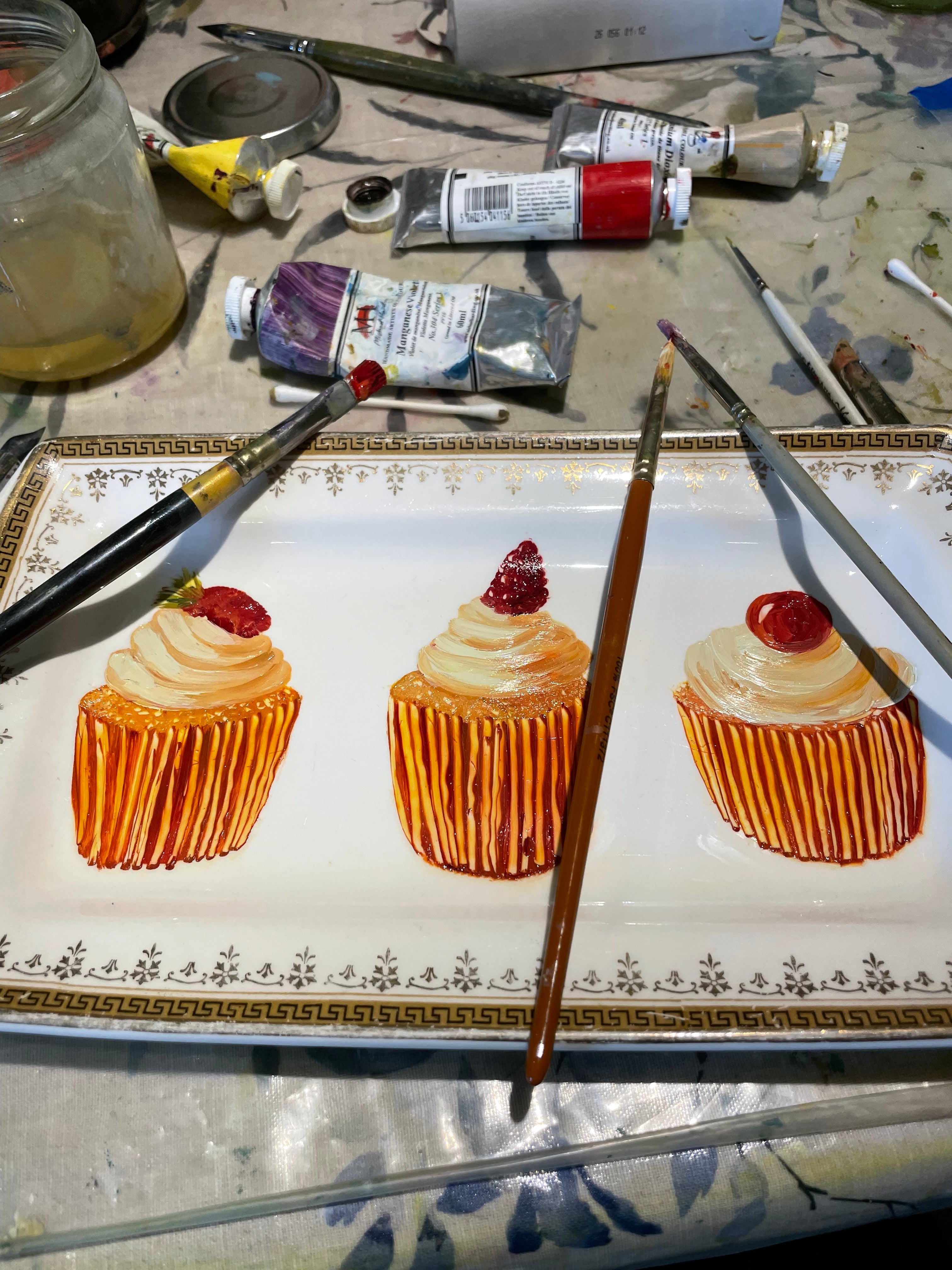 Three Fruit & Cream Cup Cakes Original Oil Painting On Vintage Alfred Meakin Ltd China Sandwich Platter