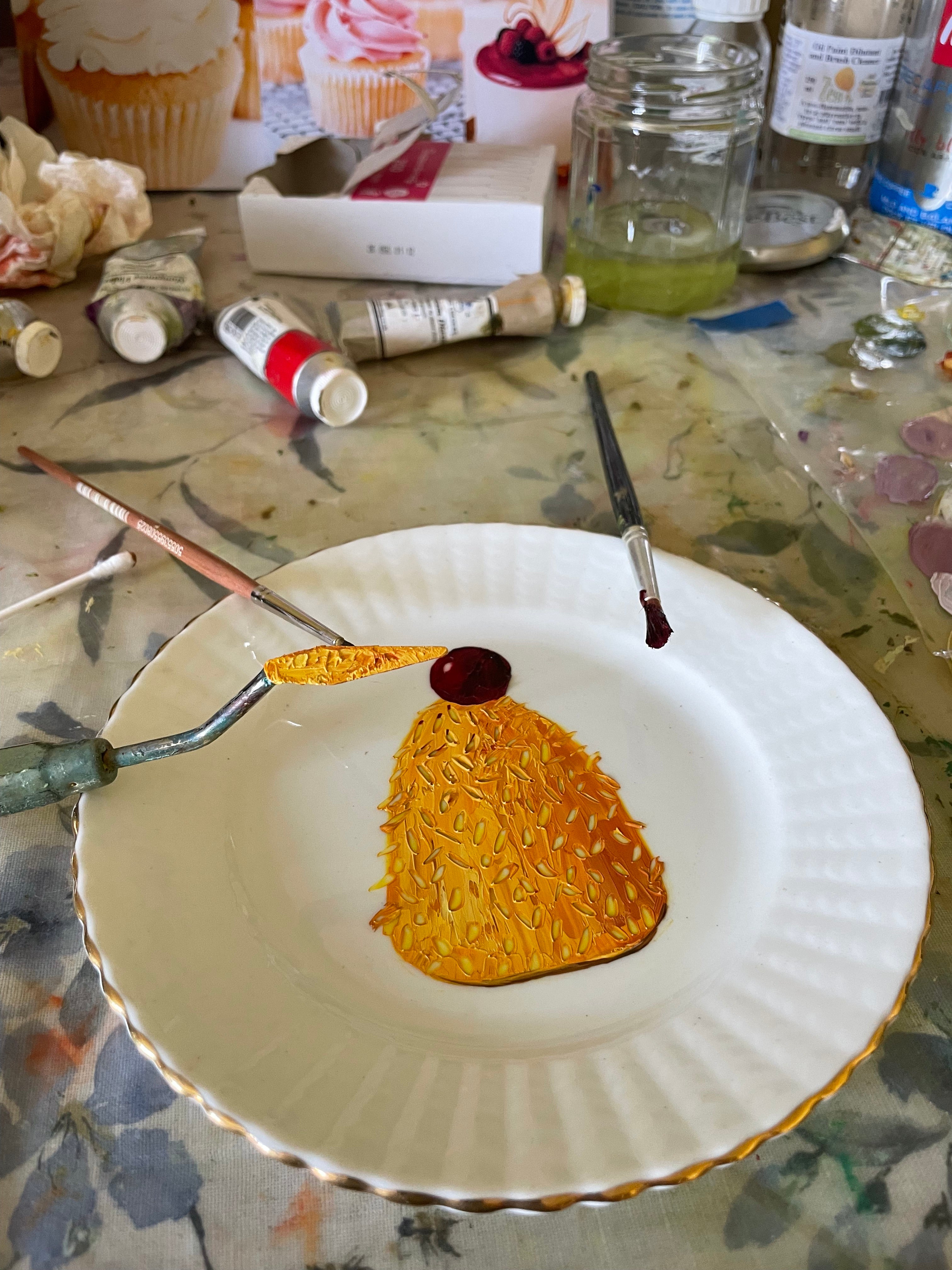 English Madeleine Cake Original Oil Painting On Vintage Radfords Crown China Tea Plate