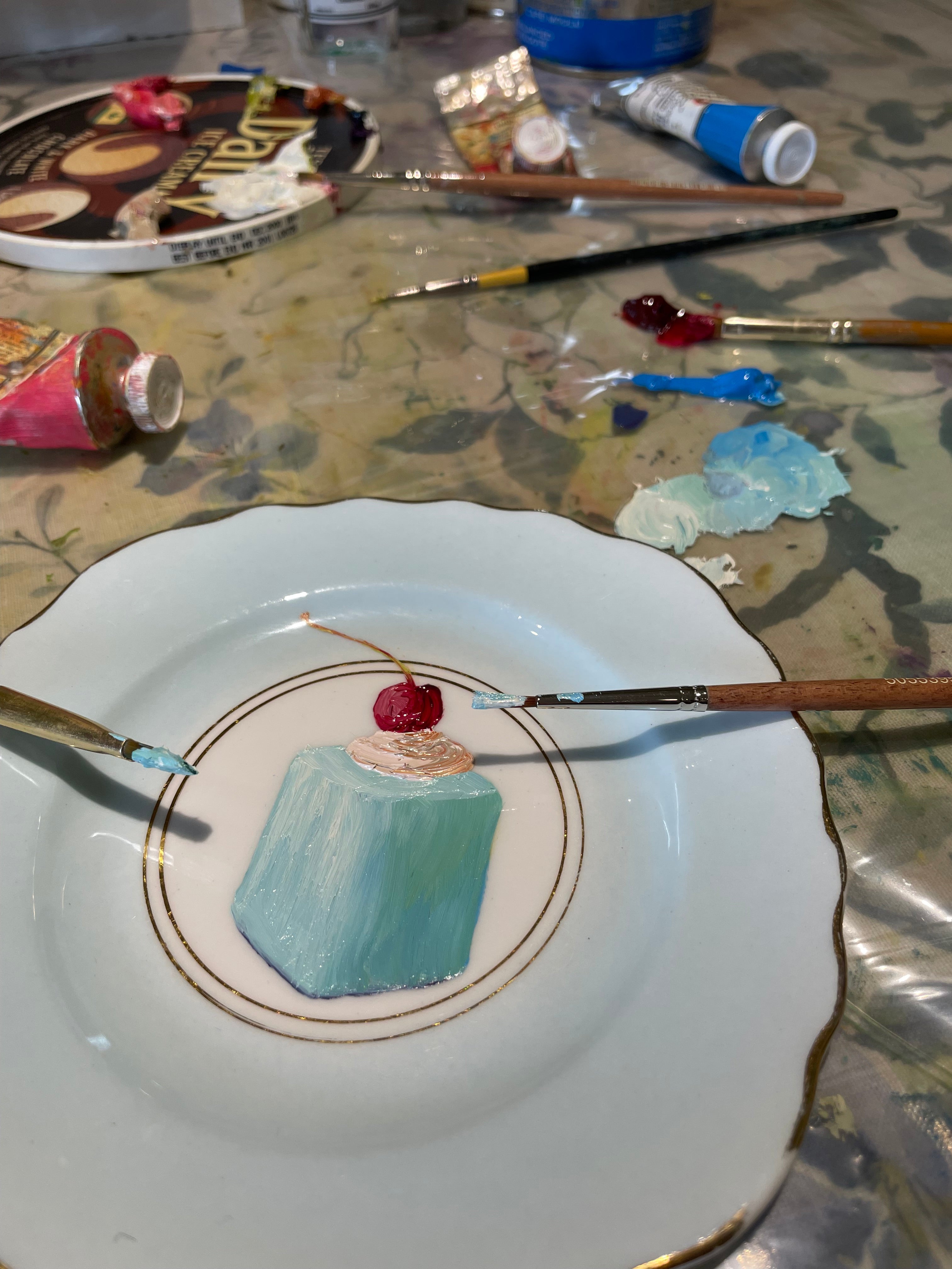 Mint Fondant Cake Original Oil Painting On Vintage Royal Vale Pale Blue Tea Plate