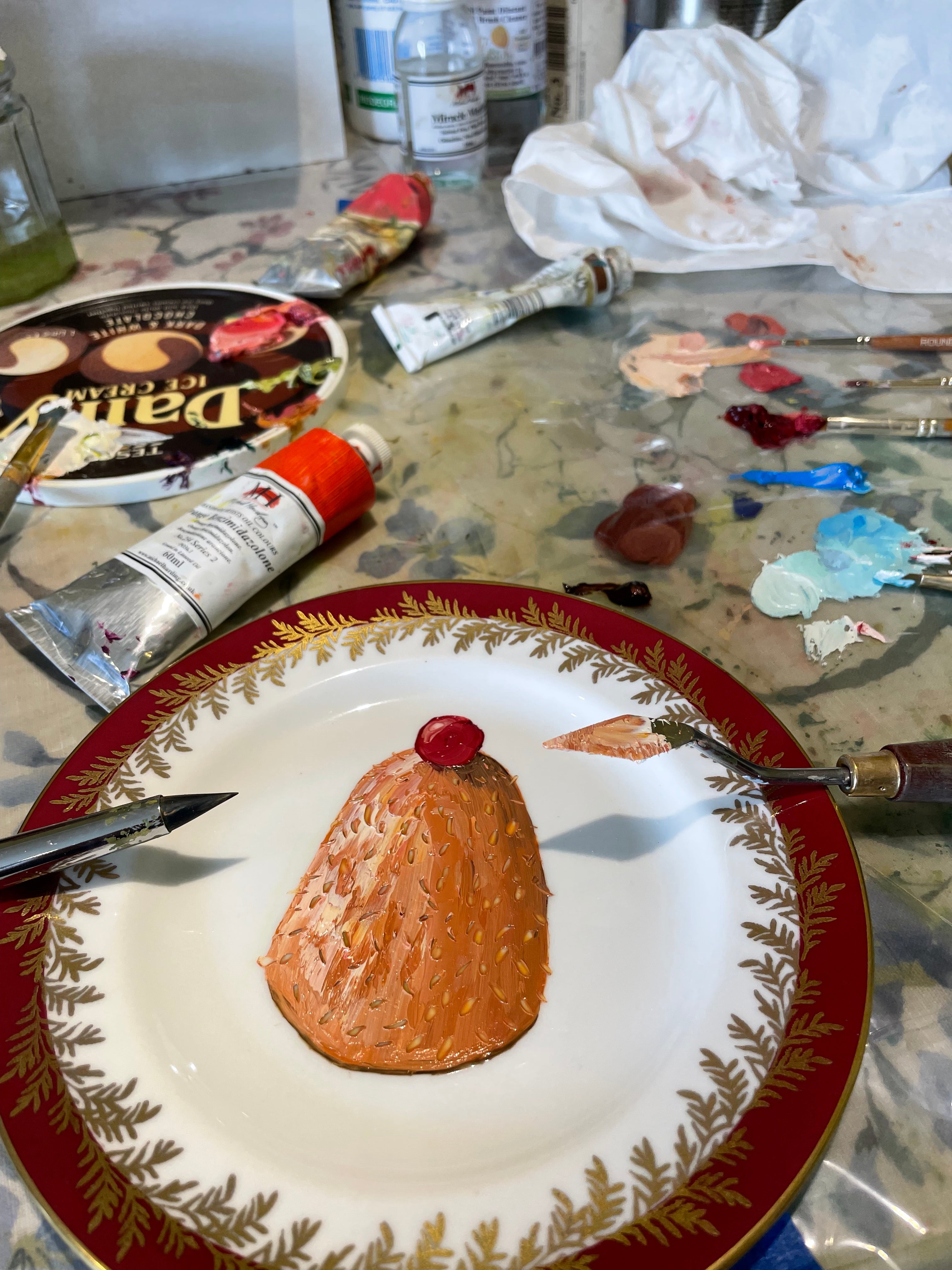English Madeleine Cake Original Oil Painting On Vintage Hammersley China Tea Plate