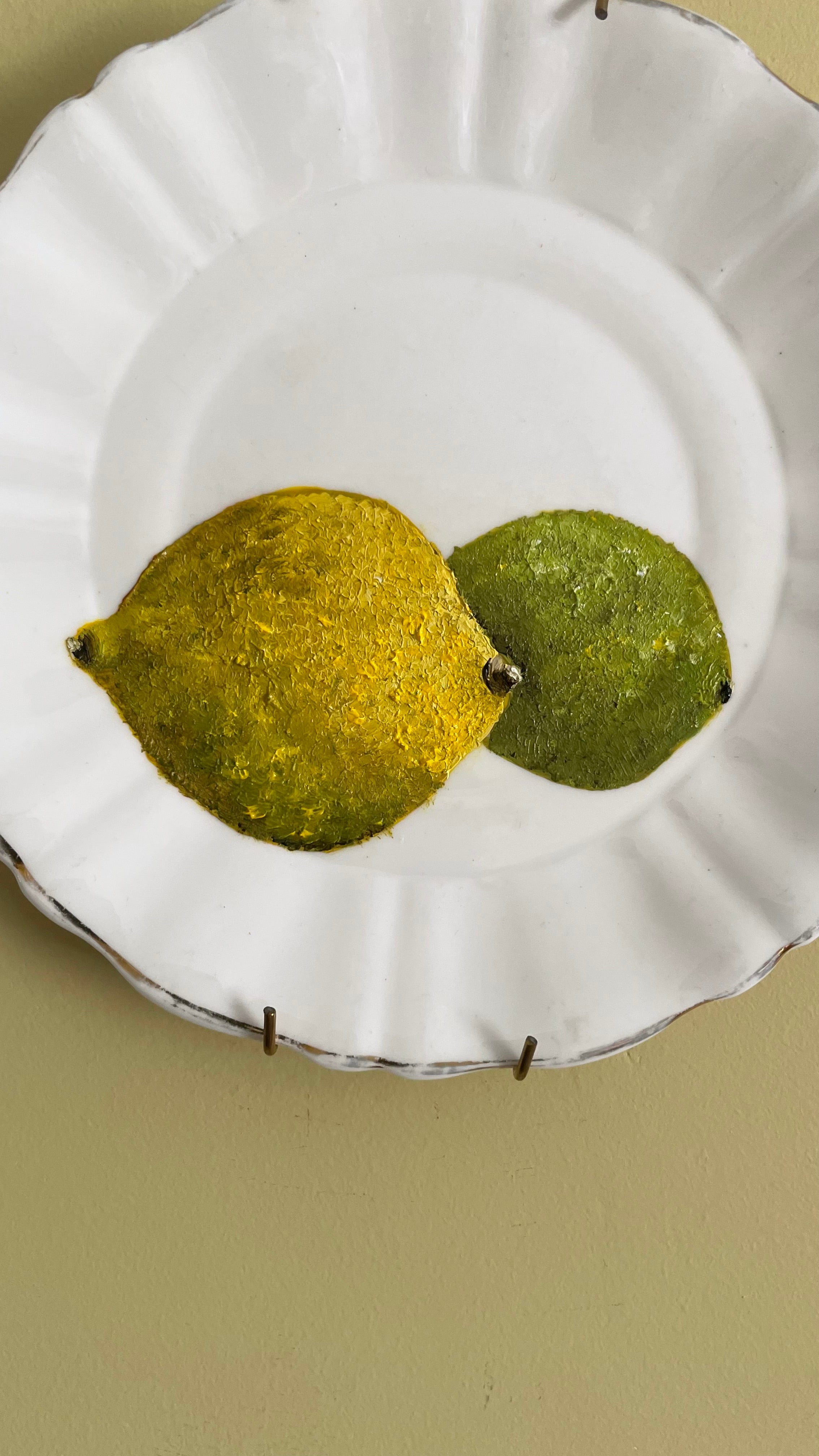 Plated: original oil painting on a vintage tea plate - lemon and lime