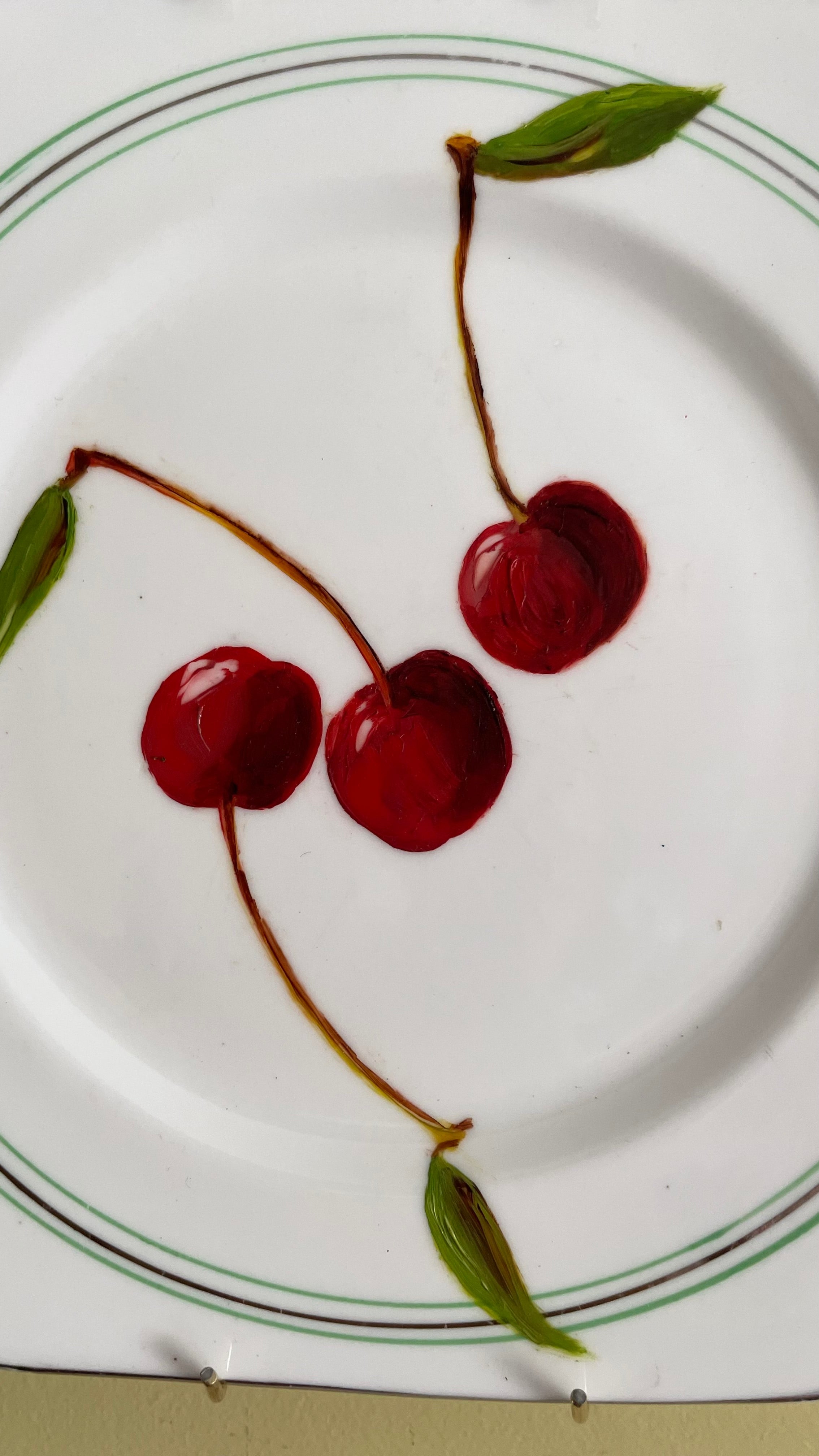 Plated: original oil painting on a 1920s tea plate - 3 cherries
