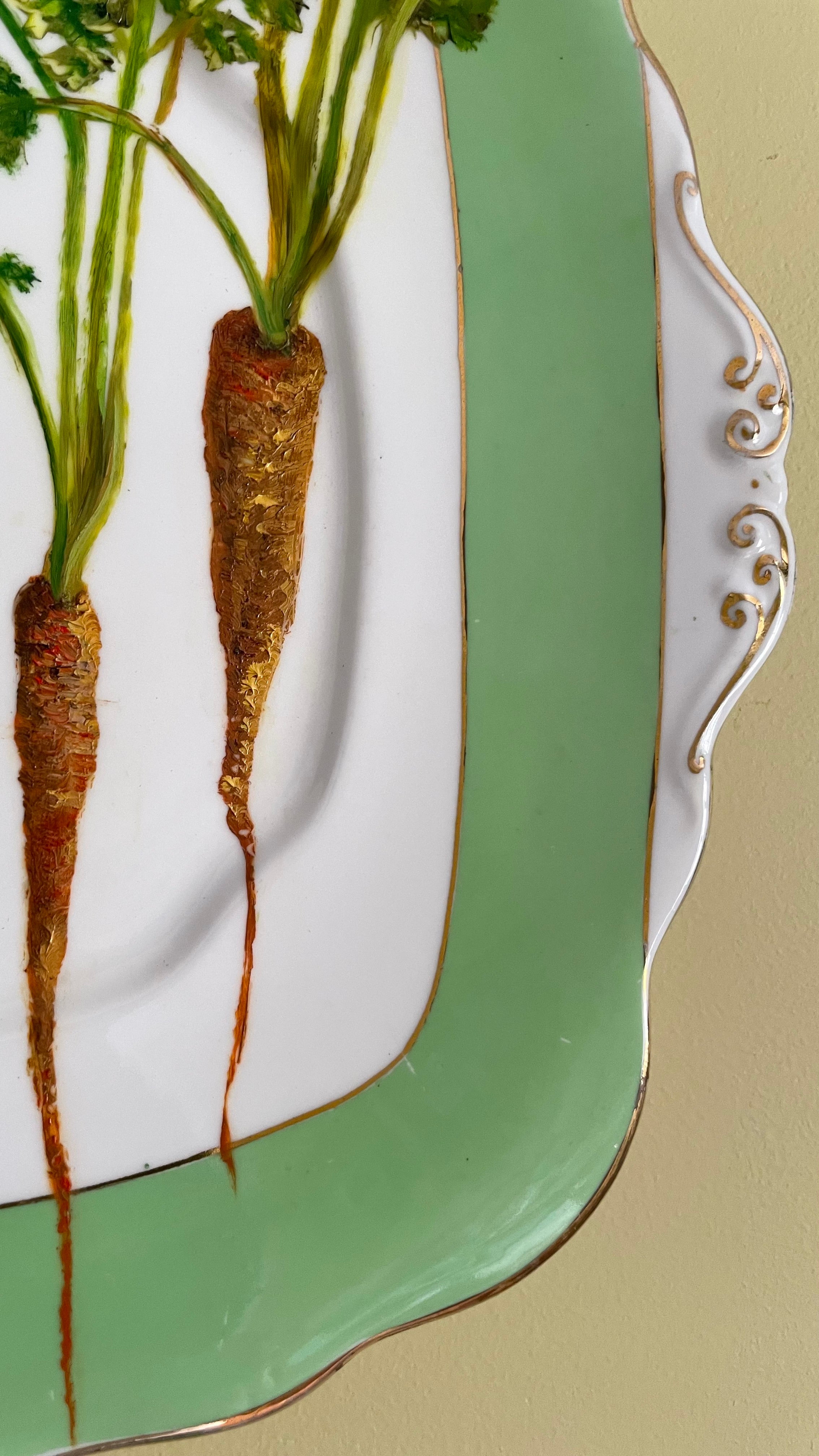 Plated: original oil painting on a vintage cake plate- carrot thinnings from the garden