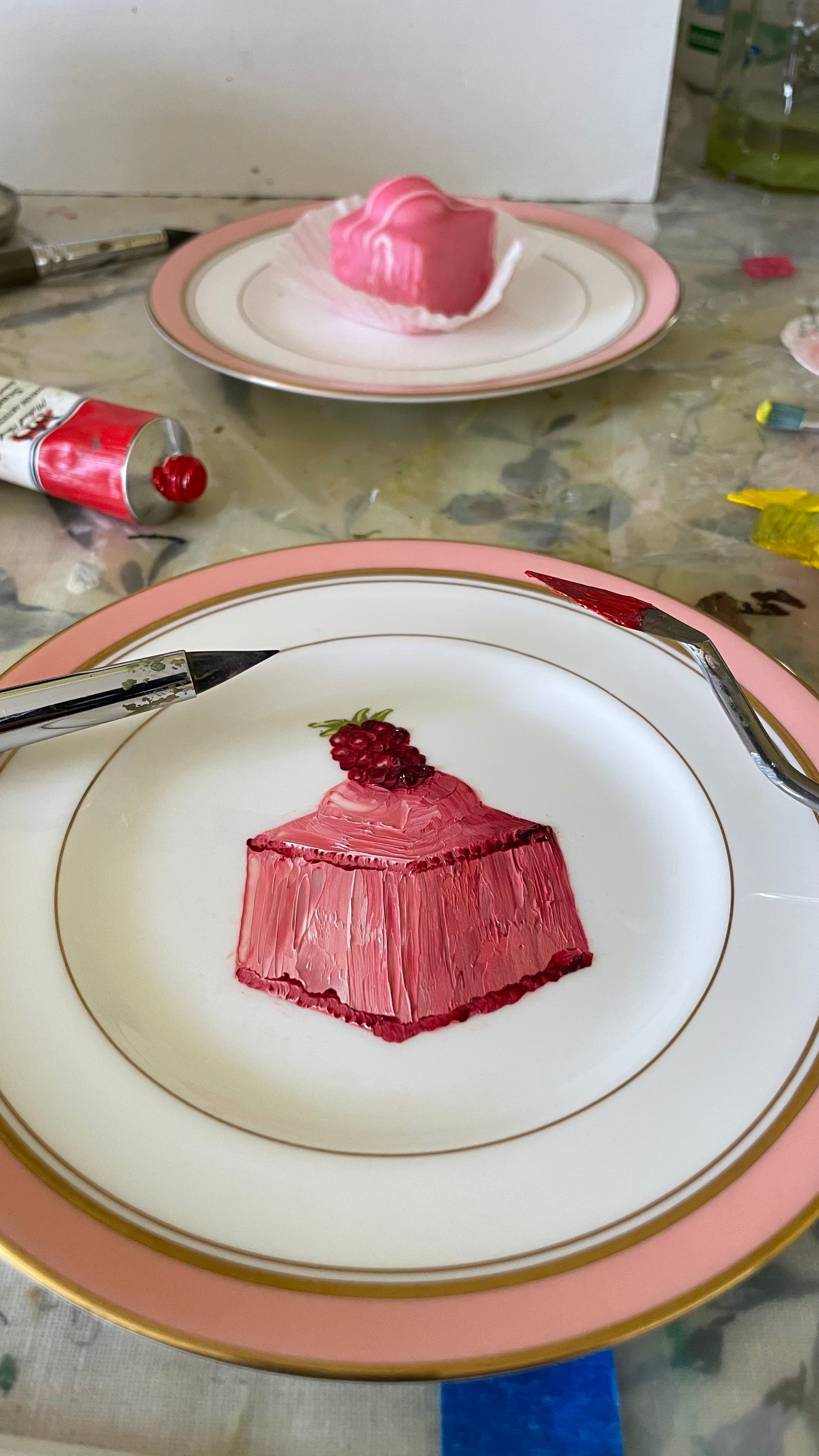 Raspberry Fondant Cake Original Oil Painting On Vintage Royal Worcester Tea Plate