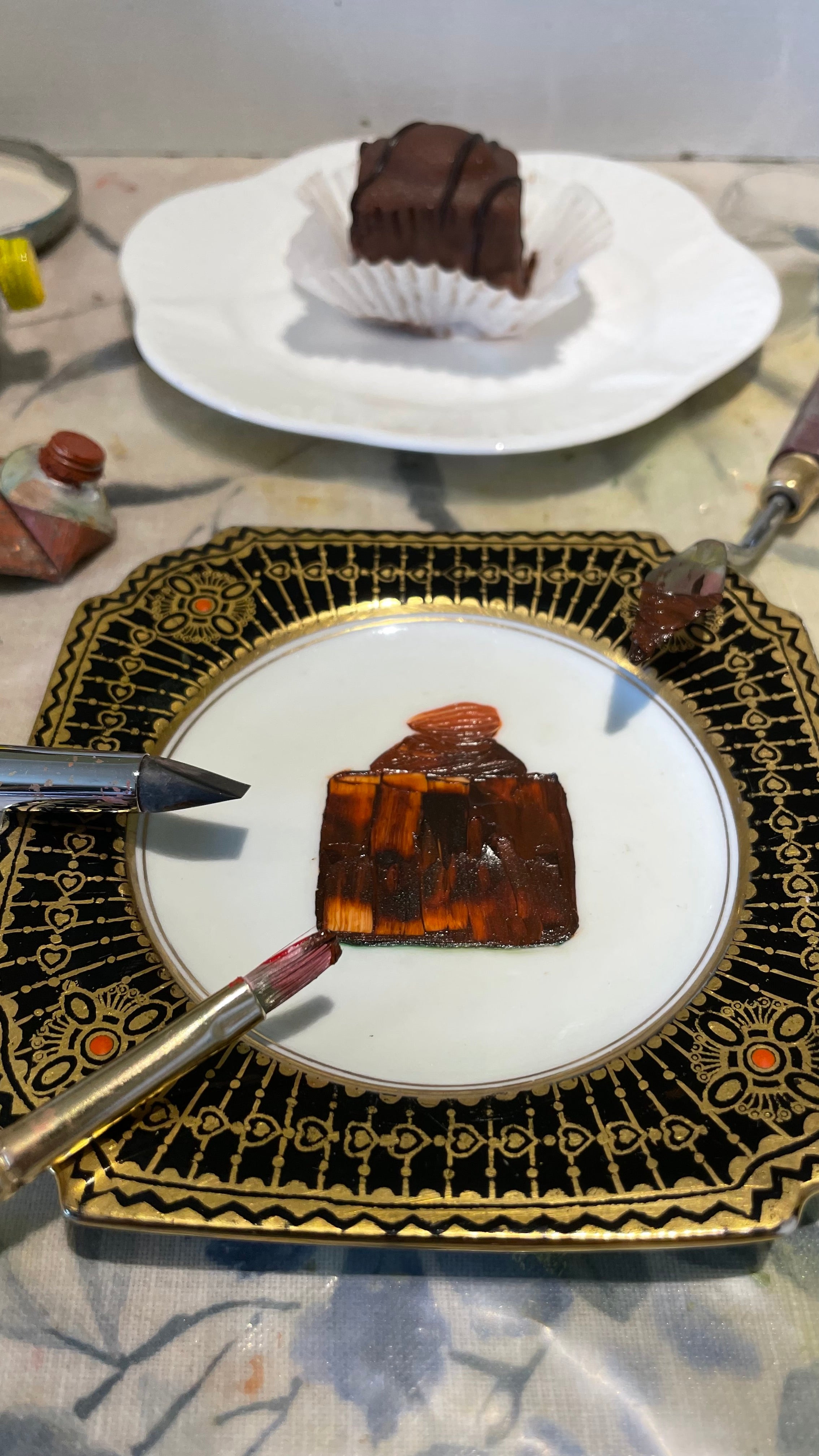 Almond Chocolate Fondant Cake Original Oil Painting On Antique Aynsley Tea Plate