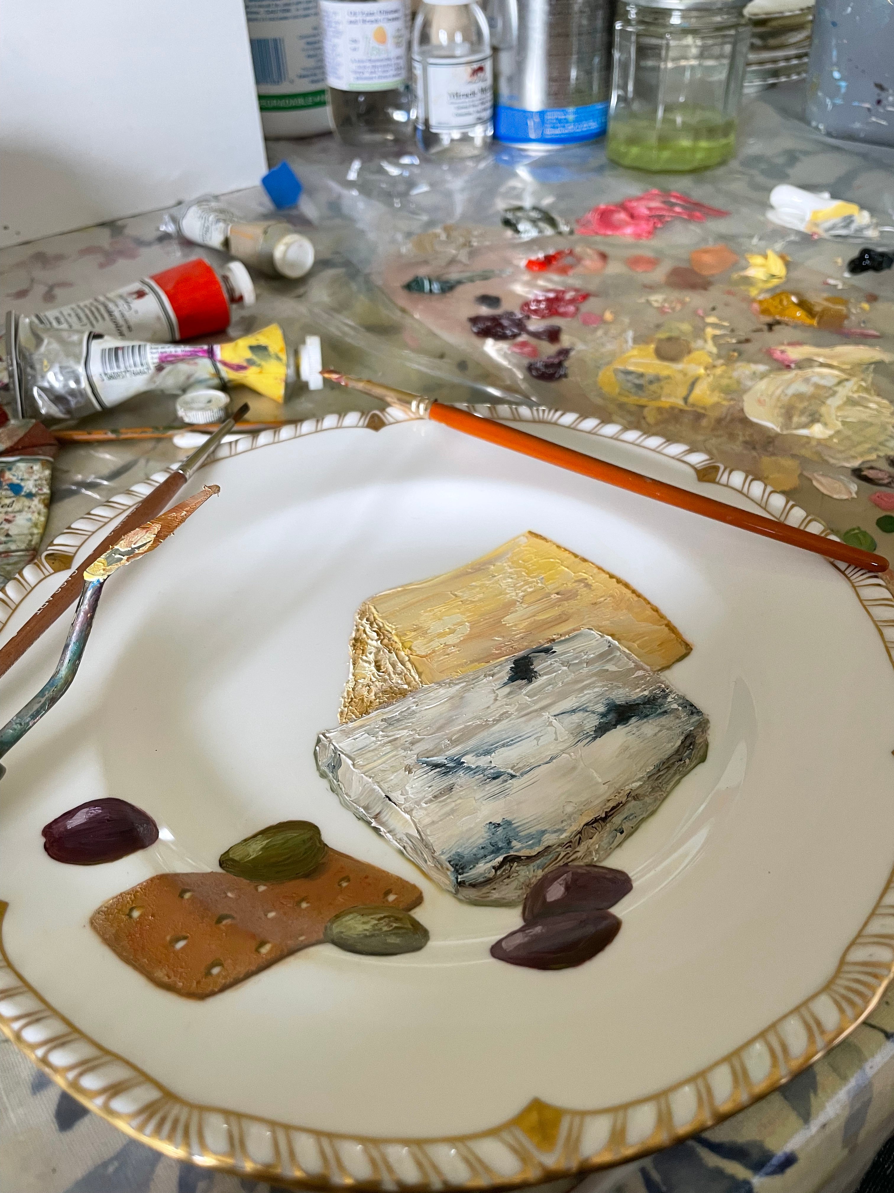 Cheese & Olive Platter Original Oil Painting On Vintage Royal Crown Derby China Dessert Plate