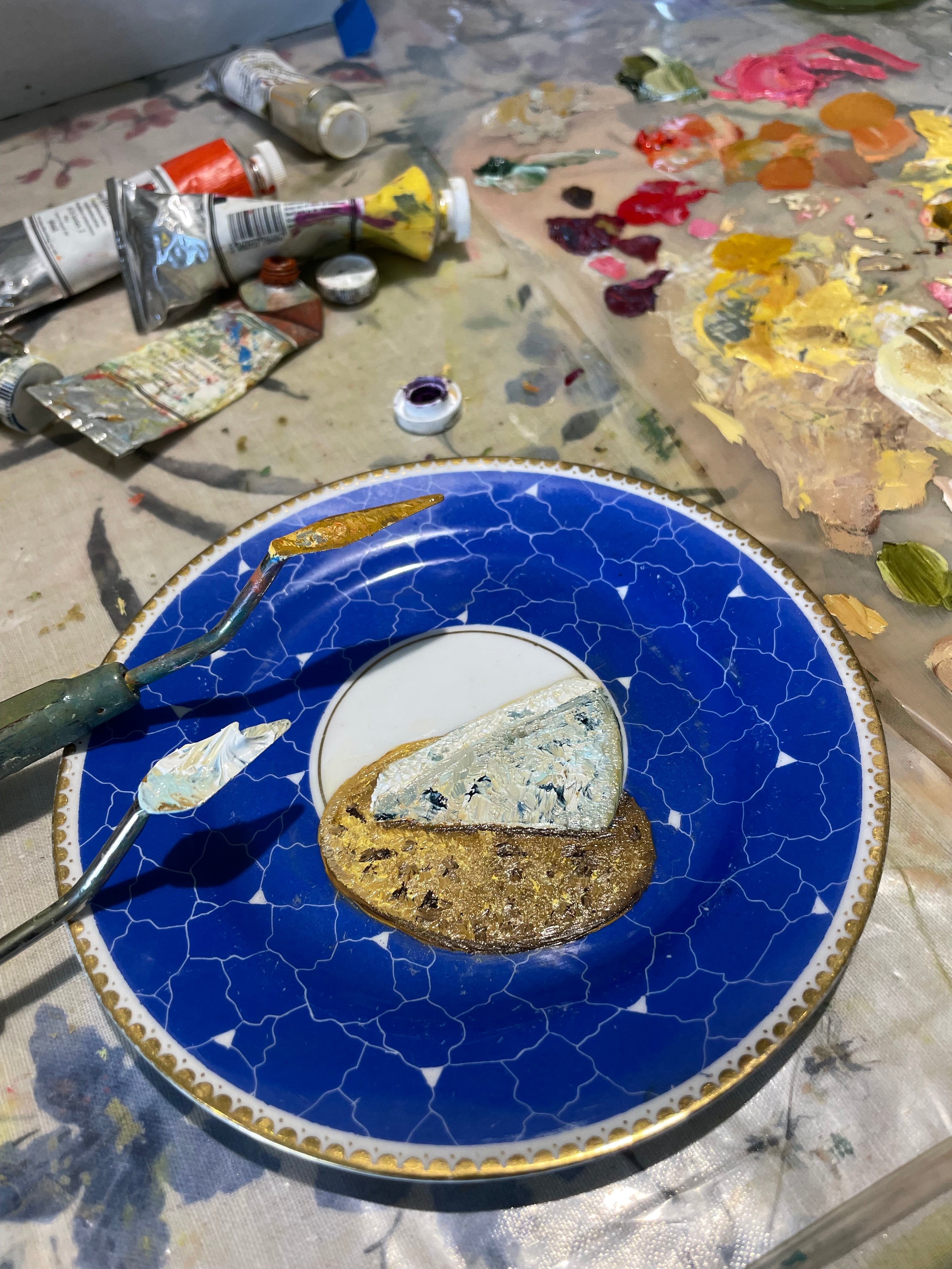 Stilton Cheese On Cracker Original Oil Painting On A.E. Gray Co. China Tea Plate