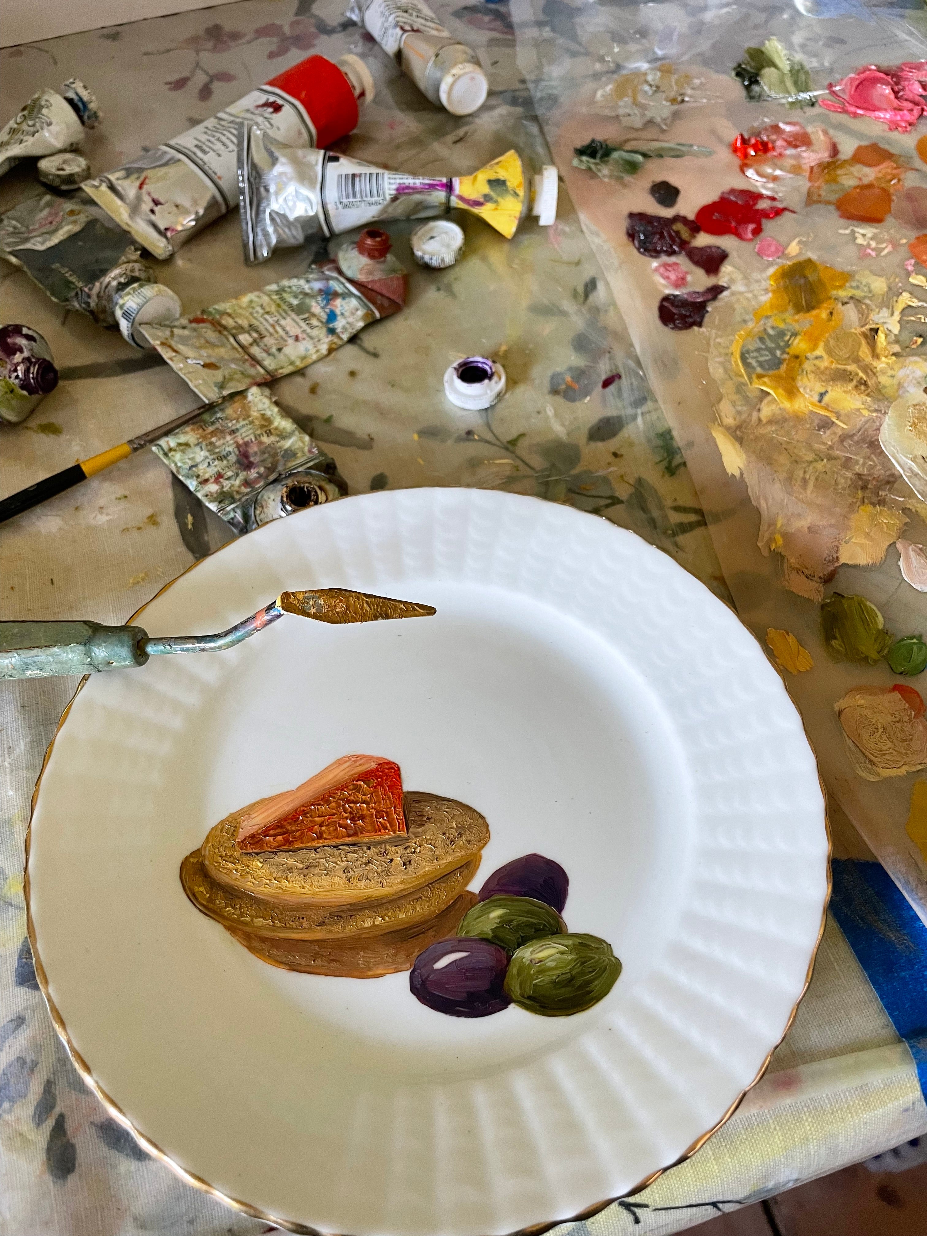 Cheese, Crackers & Olives Original Oil Painting On Vintage Radfords Crown China Tea Plate