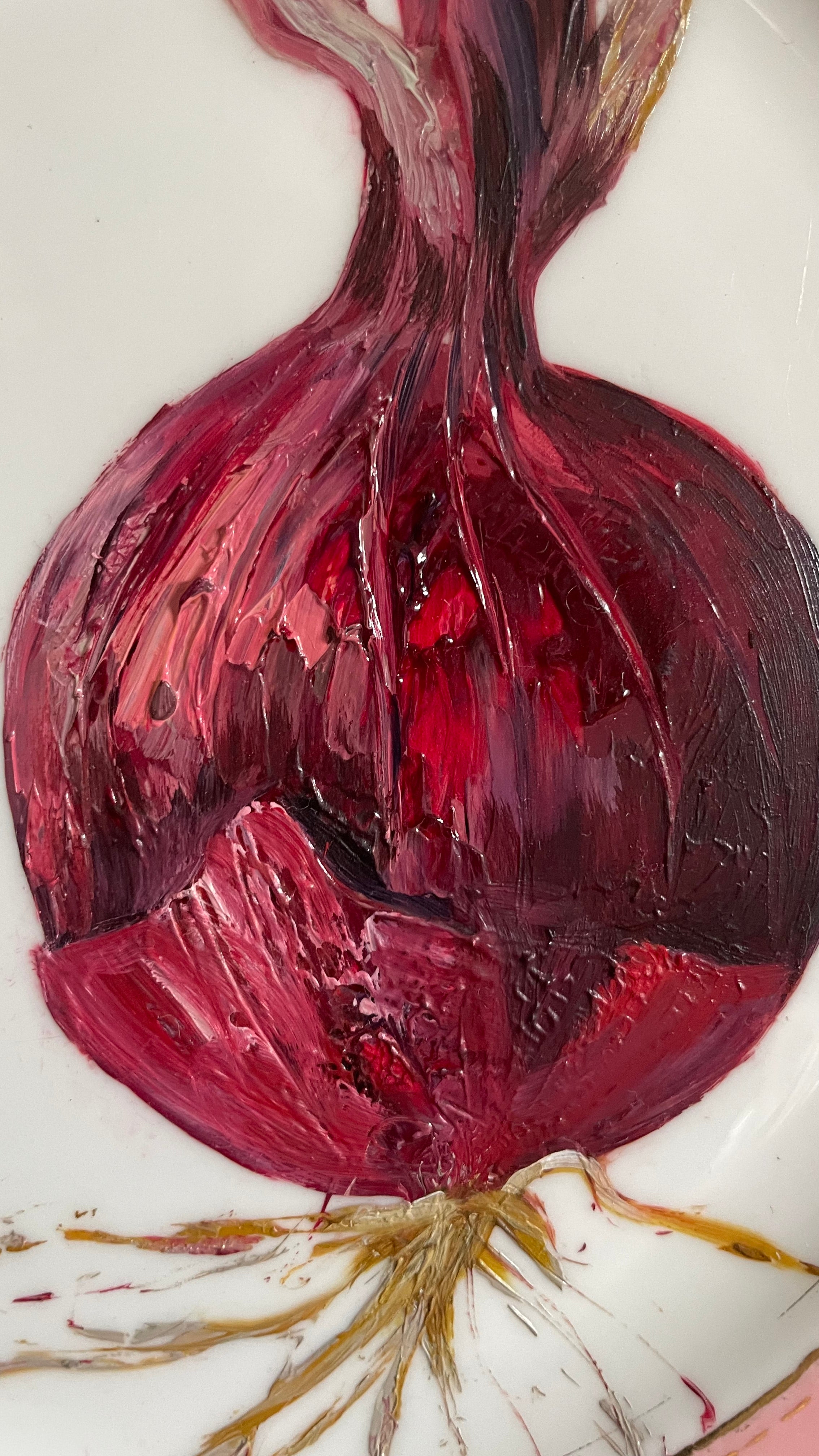 Plated: original fine art oil painting on a pink vintage Colclough salad plate - red onion
