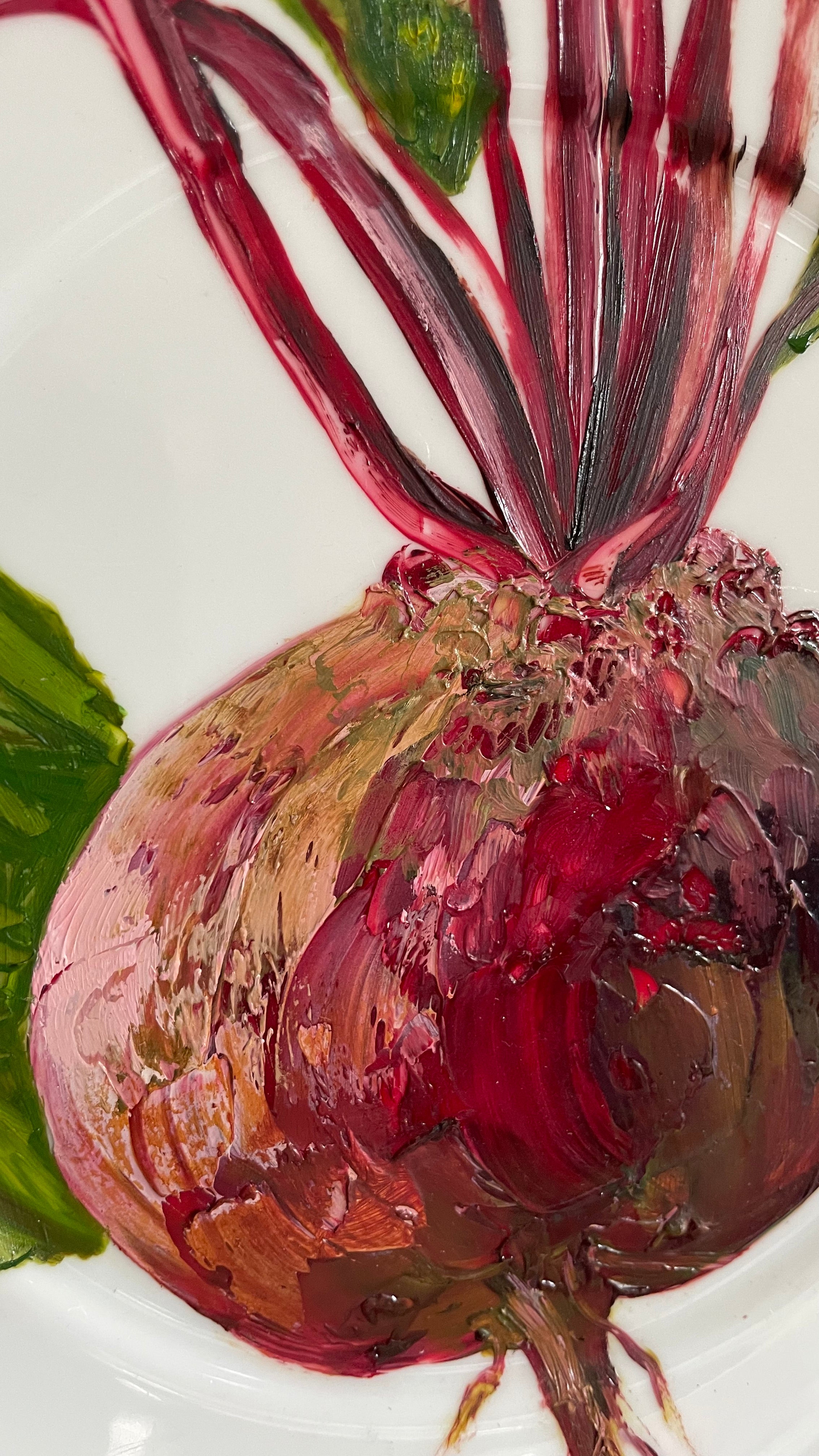 Original oil painting on a vintage Royal Grafton china cake plate - garden fresh beetroot