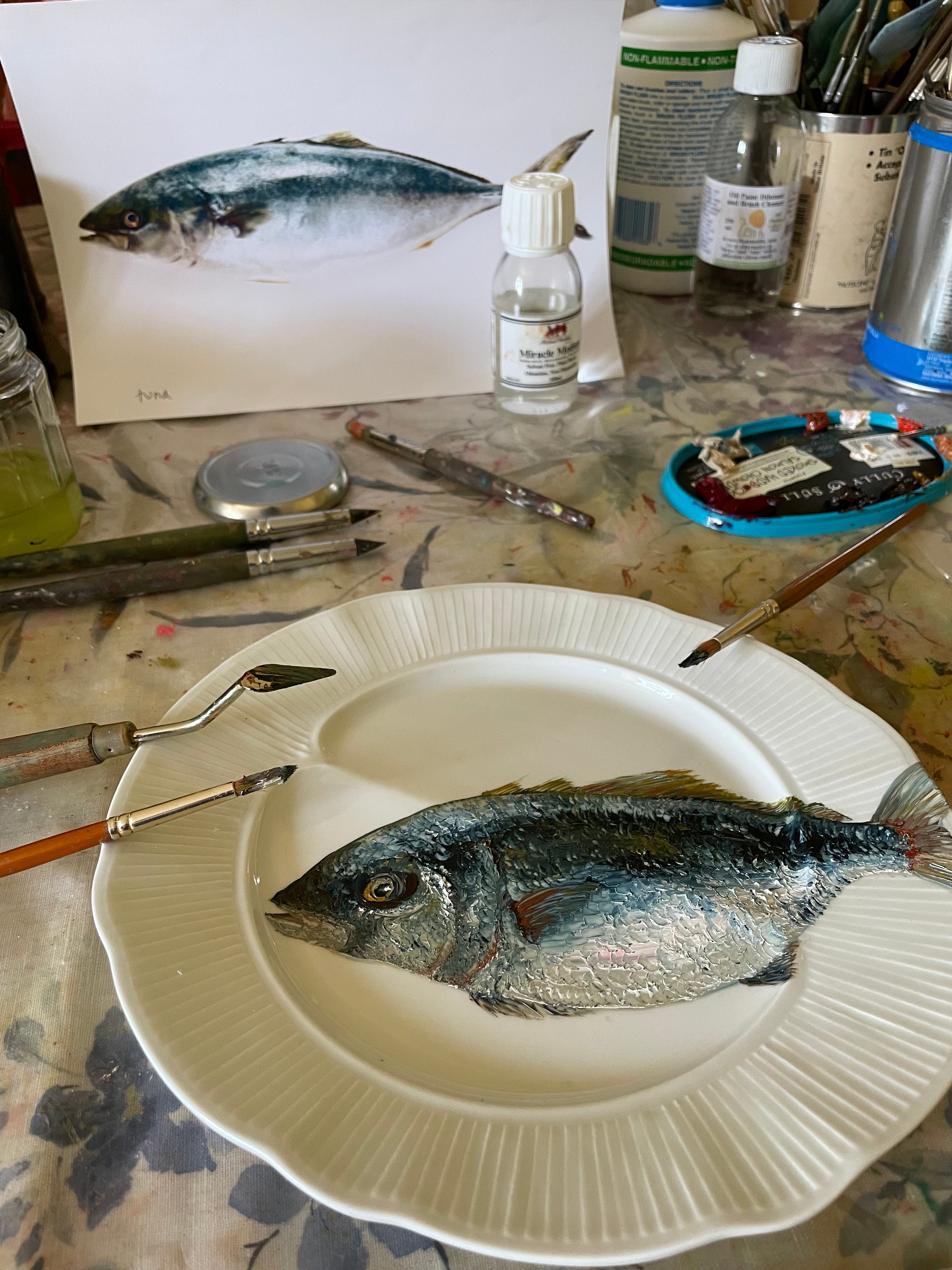 Original oil painting on old French plate - tuna fish