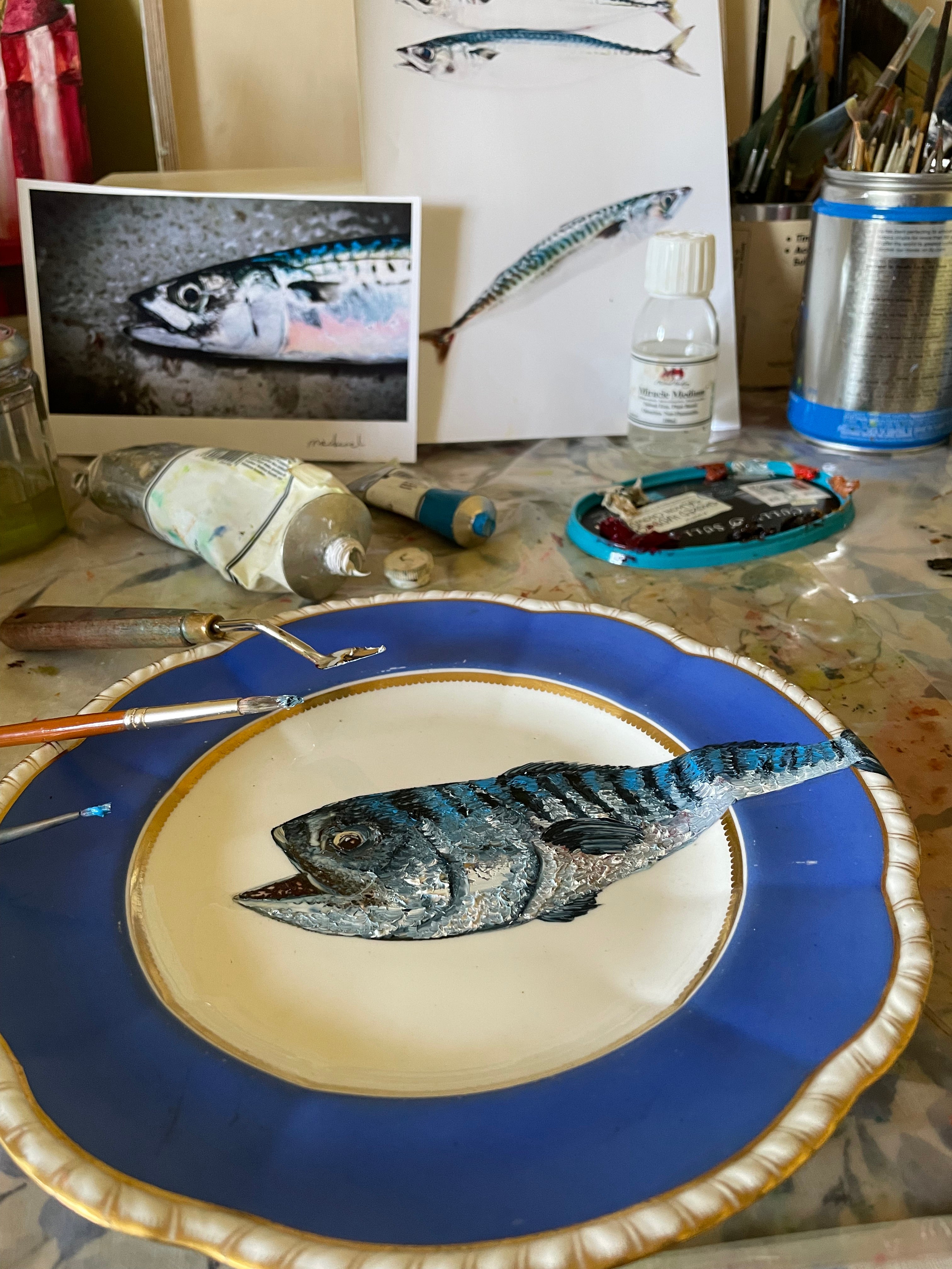 Original oil painting on 1850s dessert plate - mackerel fish