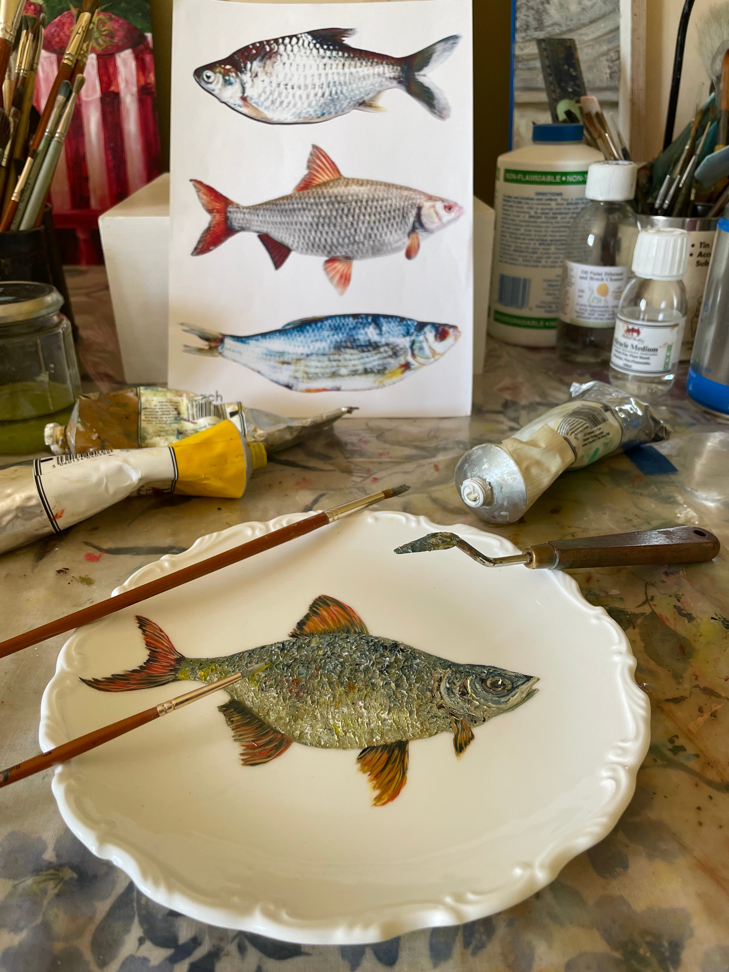 Original oil painting on vintage plate - roach fish