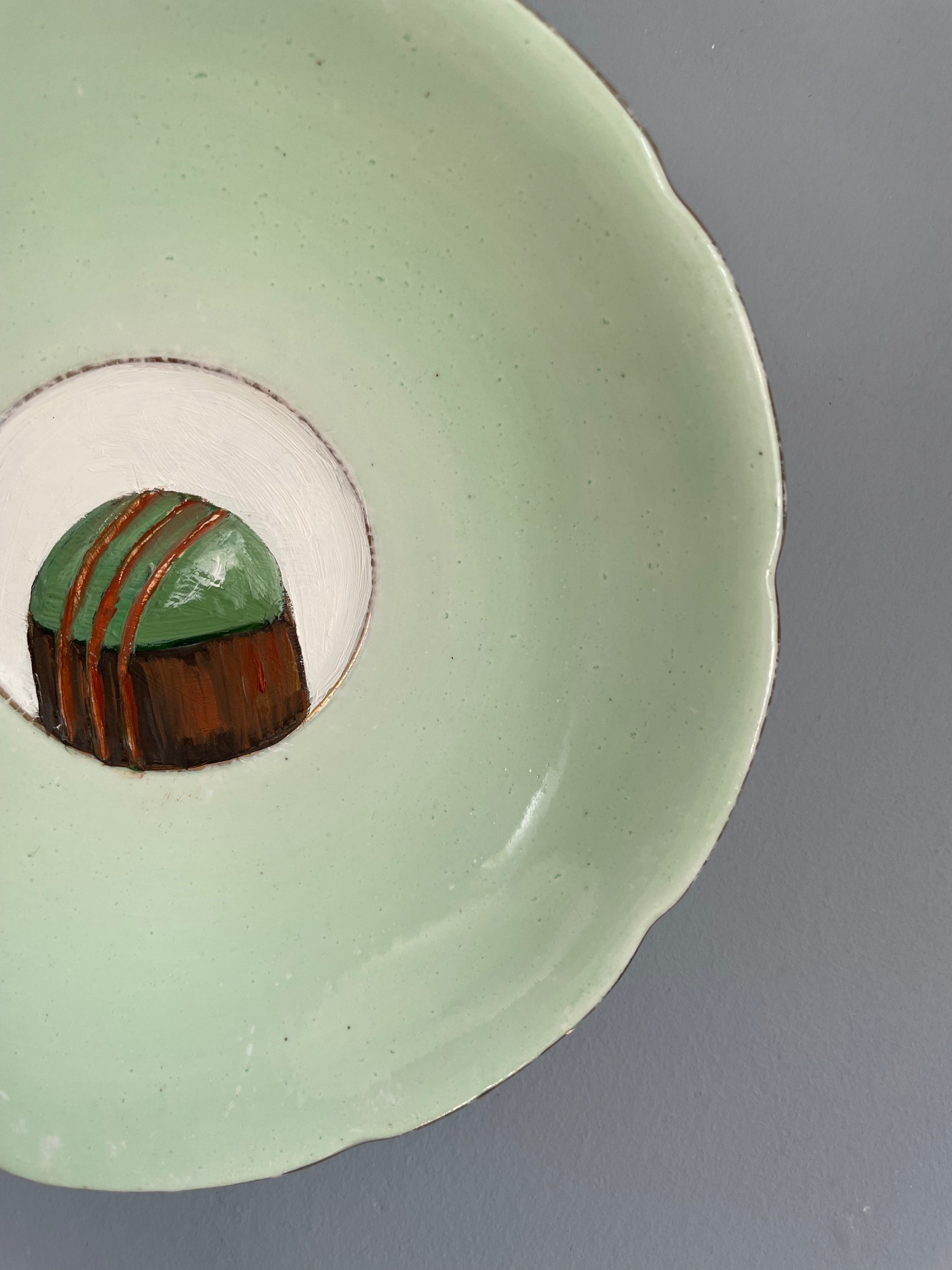 Pistachio & Caramel Chocolate Original Oil Painting On Vintage Saucer