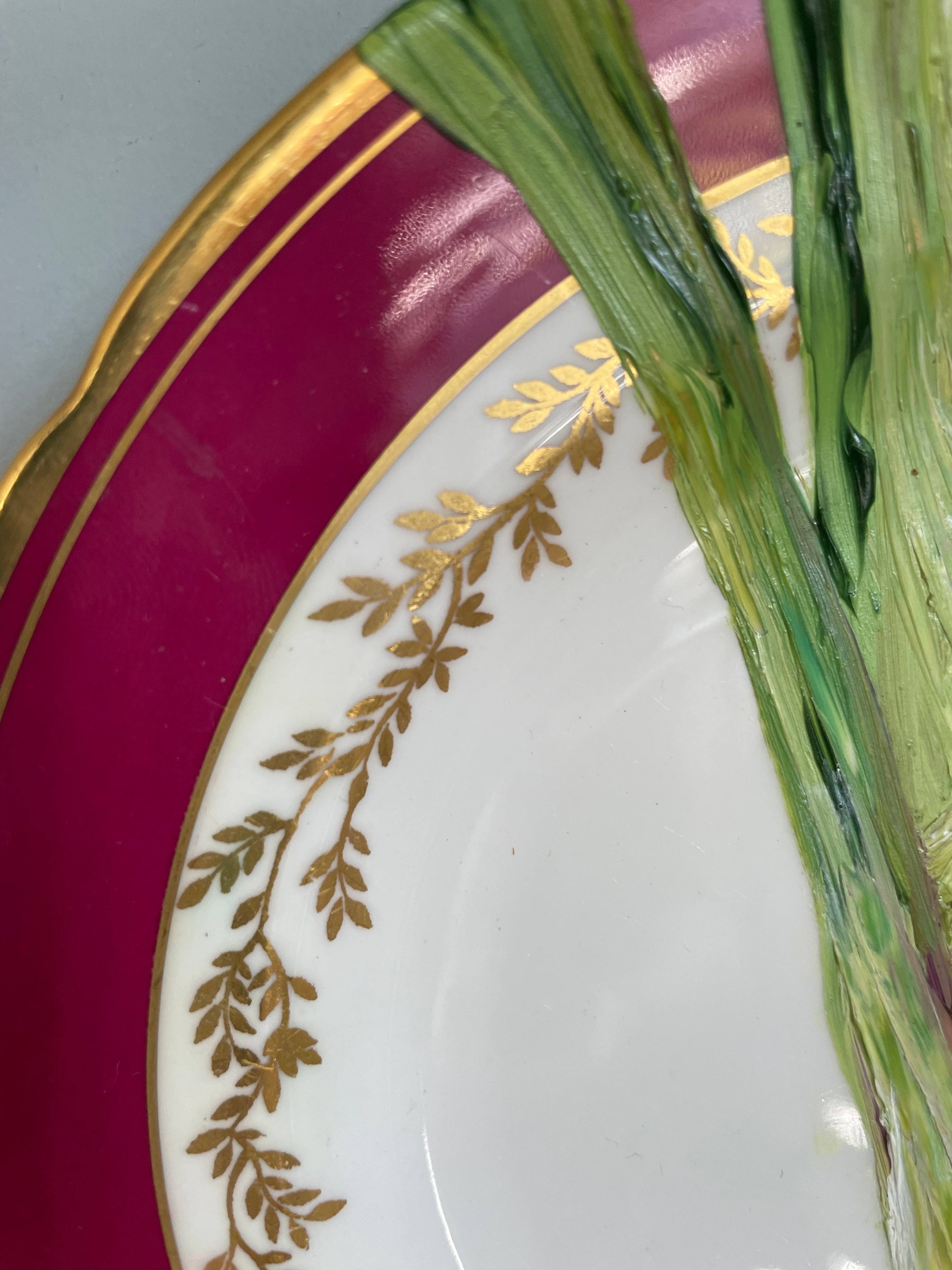 Original oil painting on a vintage plate - red spring onion