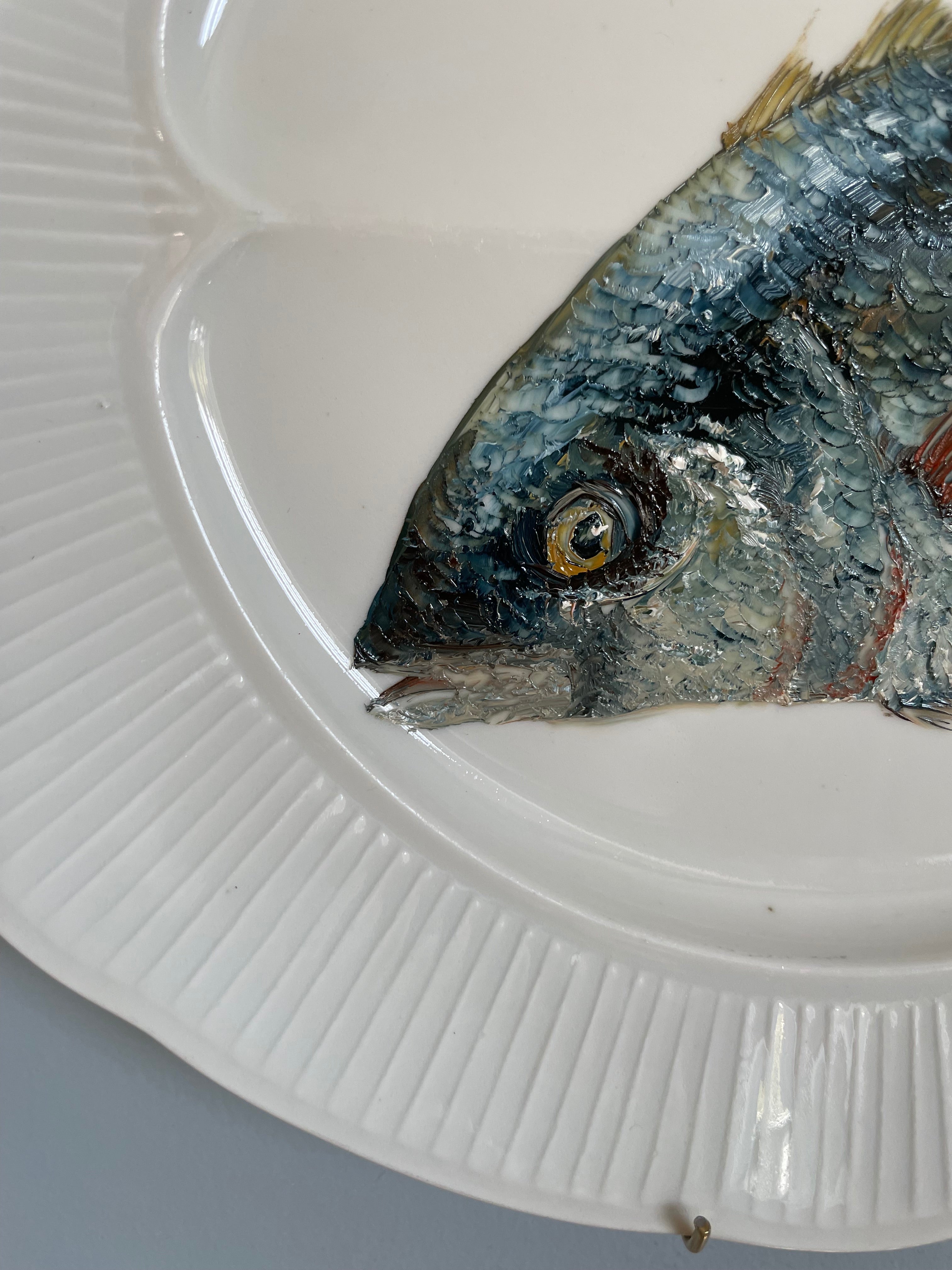 Original oil painting on old French plate - tuna fish