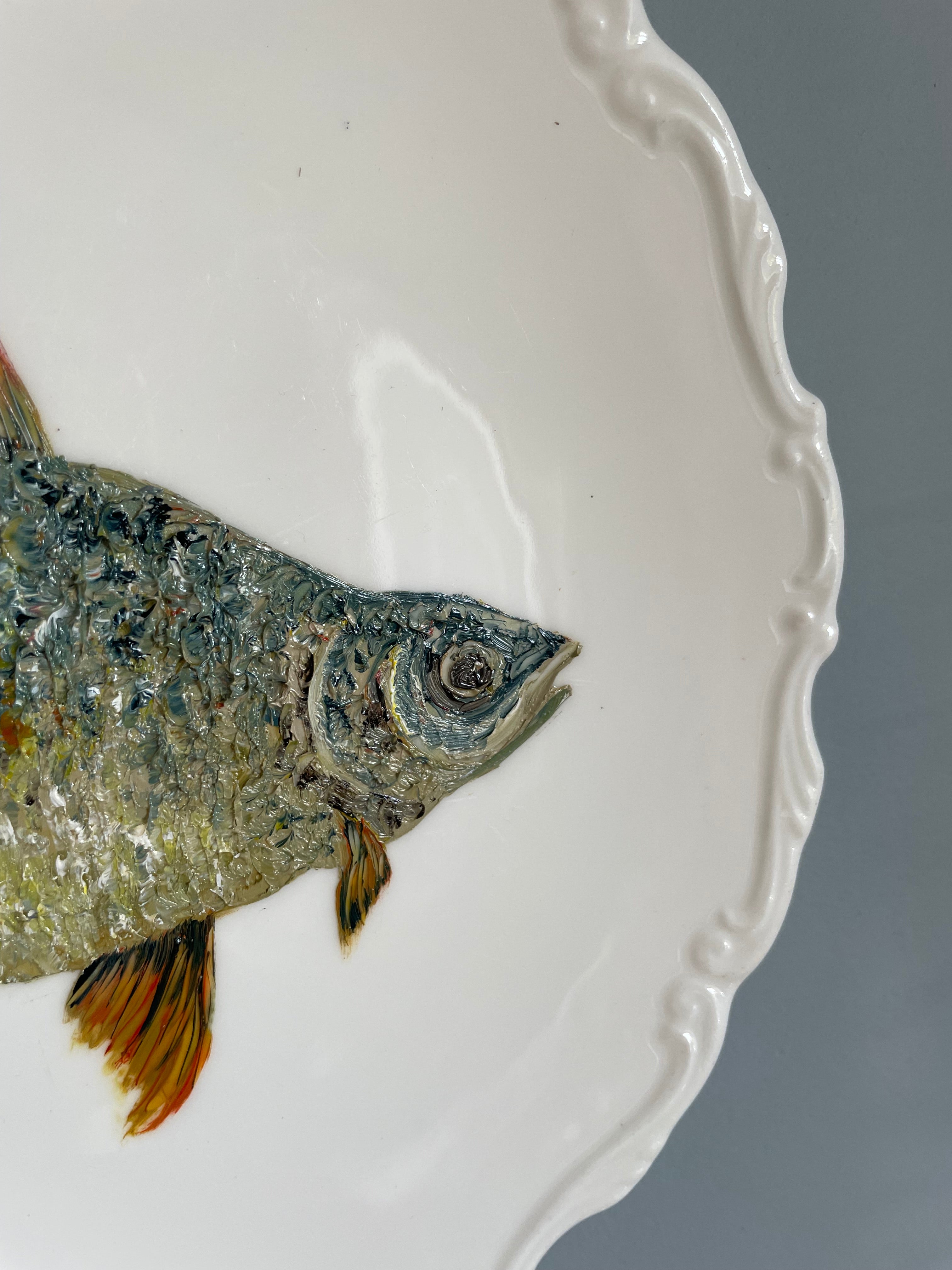 Original oil painting on vintage plate - roach fish